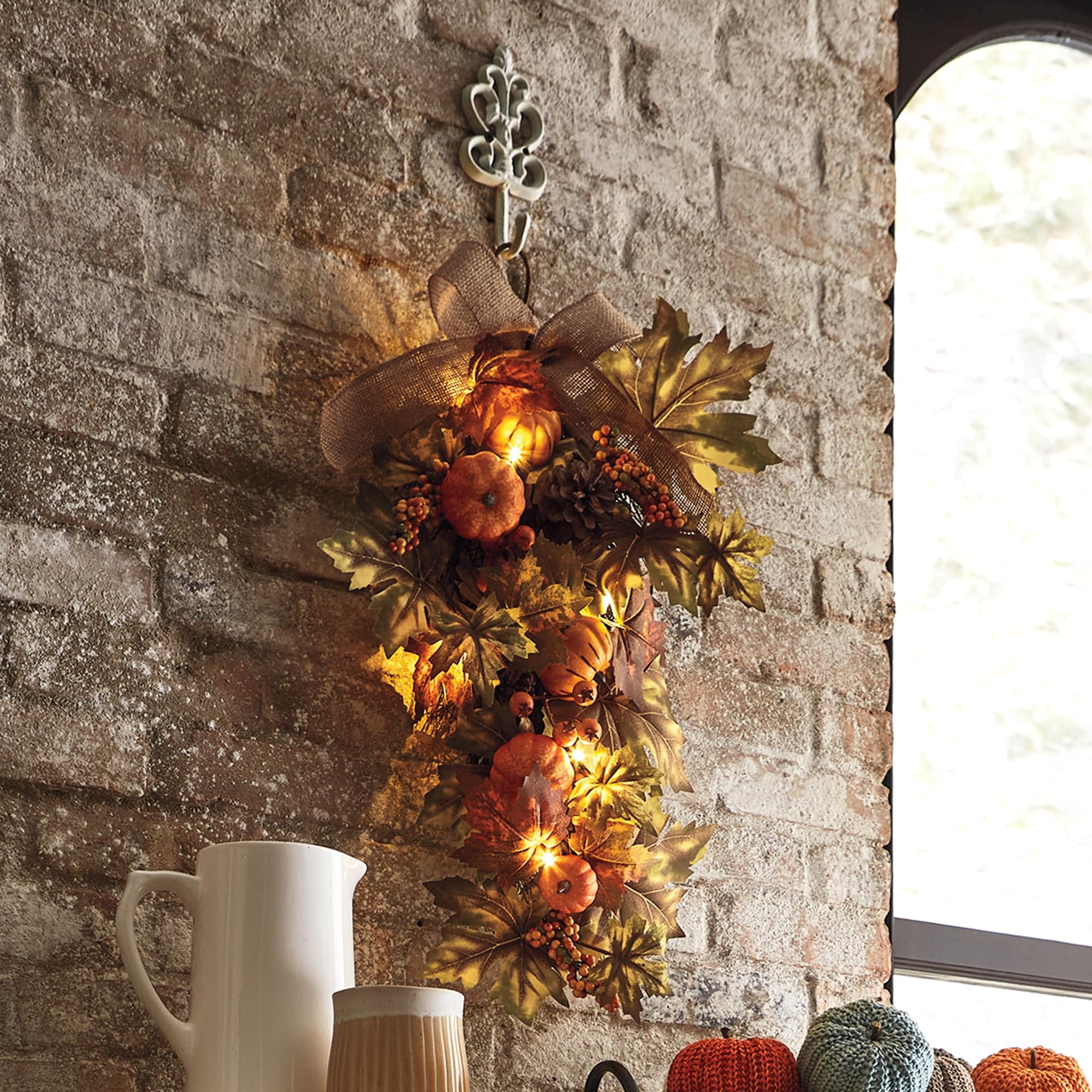 Montgomery Ward Lit Pumpkin Teardrop Swag - Natural Twigs, Vines, Pinecones, Faux Pumpkins, Leaves, Berries, 6 LEDs