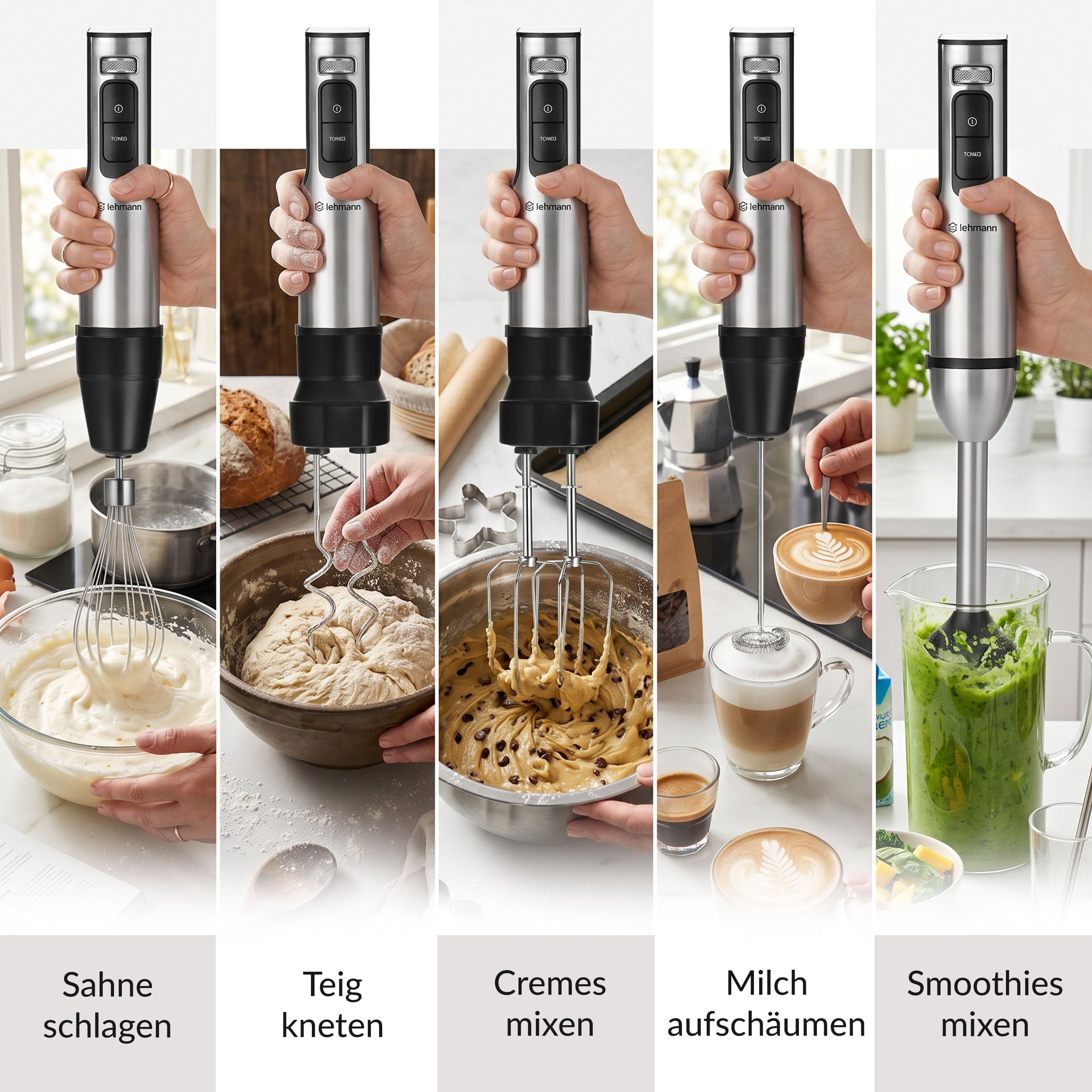 LEHMANN Juego de batidora de mano con soporte, 2000 W, batidora multifunción 6 en 1, 12 velocidades y función turbo, 7 accesorios, vaso de 800 ml y picadora de 600 ml, hoja dorada