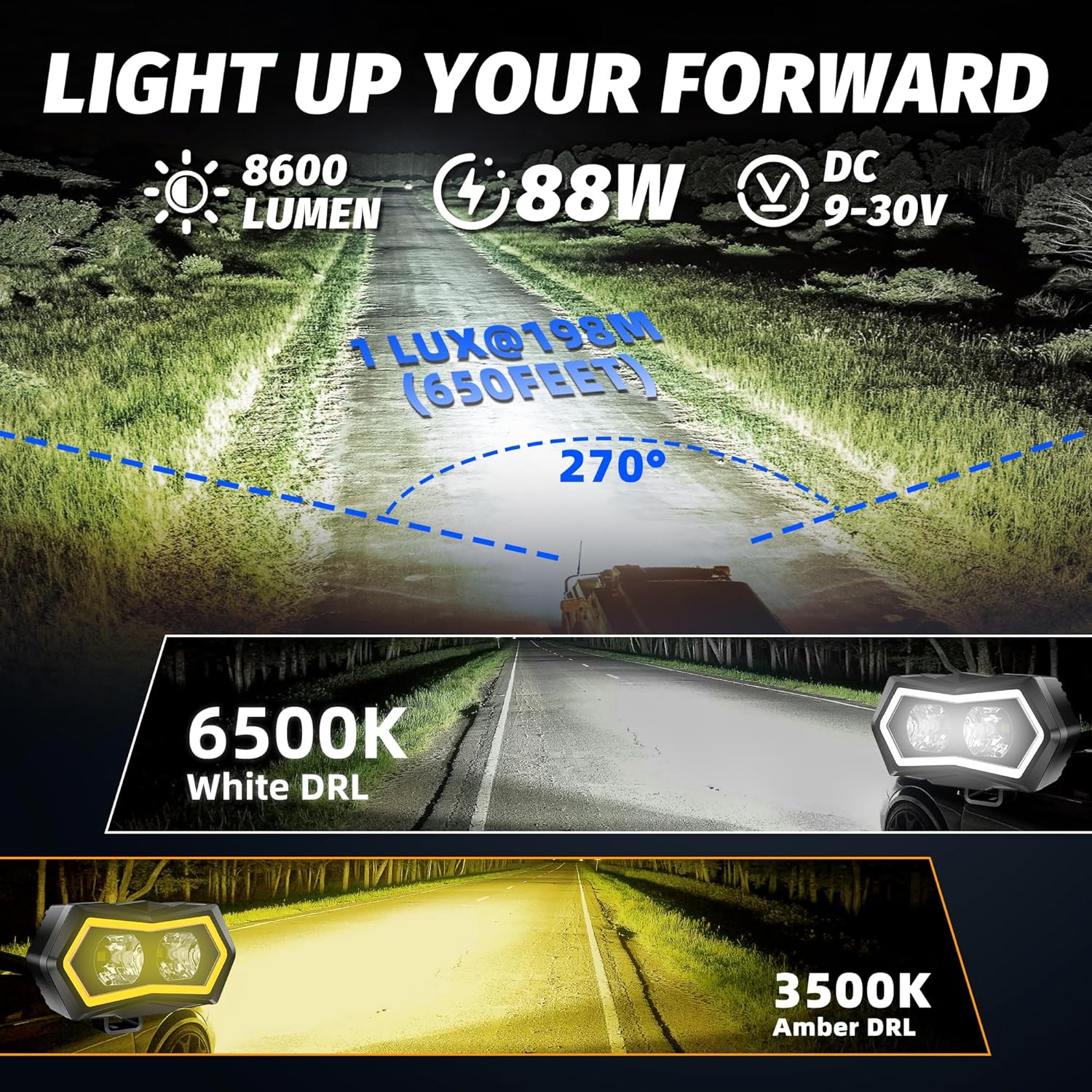 LED Pod Light 4 Inch 88W White Flood Beams Driving Fog Lamp with Amber White DRL Auxiliary Ditch Lights for Pickup Off Road Truck Motorcycle ATV UTV Boat Tractor Forklift IP68 Waterproof