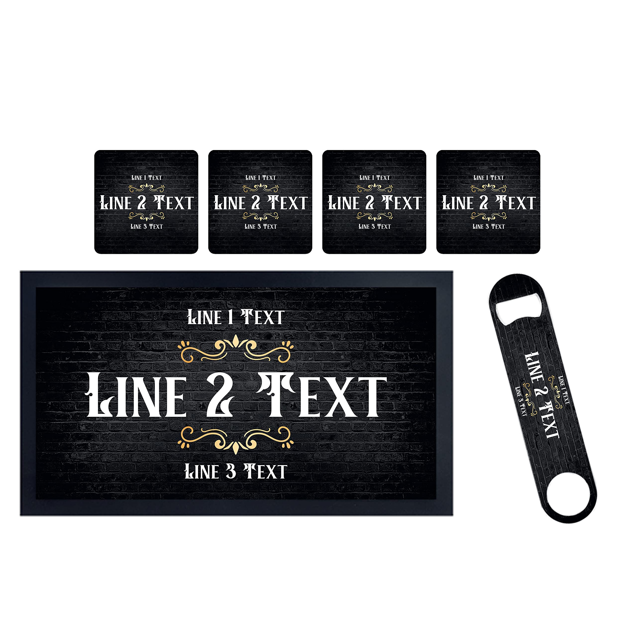 ShopQuality4U Personalised Bar Gift Set – Custom Home Pub Accessories (Bar Runner + Coasters + Bottle Opener) for Him, Dad, Man Cave, Home Bar