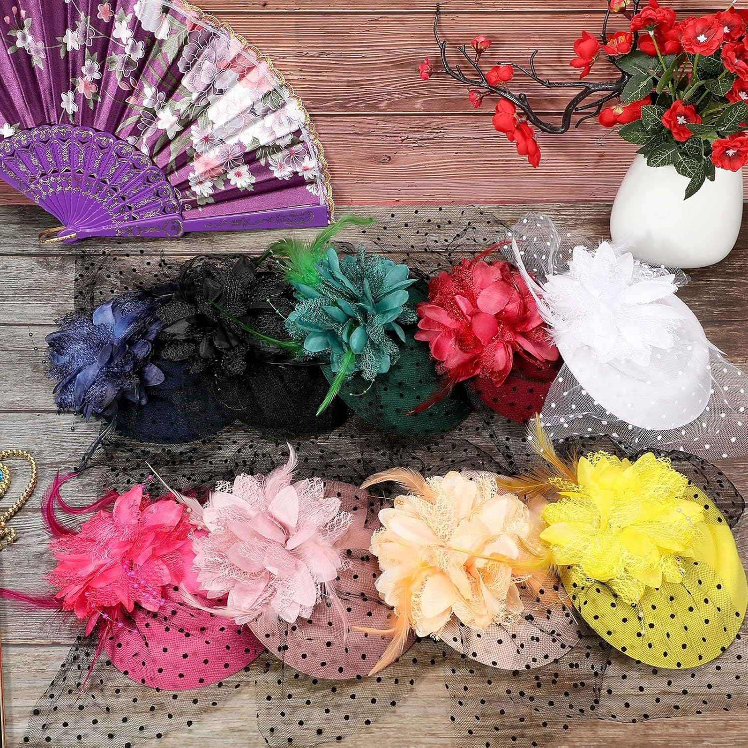 Jeyiour 9 Pcs Fascinators Hats Tea Party Feather Pillbox Hat with Clips for Women Halloween Veil Flower Hat, 9 Colors - Image 4
