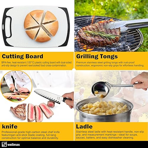 Miniatura 3 de Wellmax Juego de cocina de acero inoxidable de 10 piezas, kit de utensilios de cocina compacto todo en uno con utensilios y bolsa de viaje para