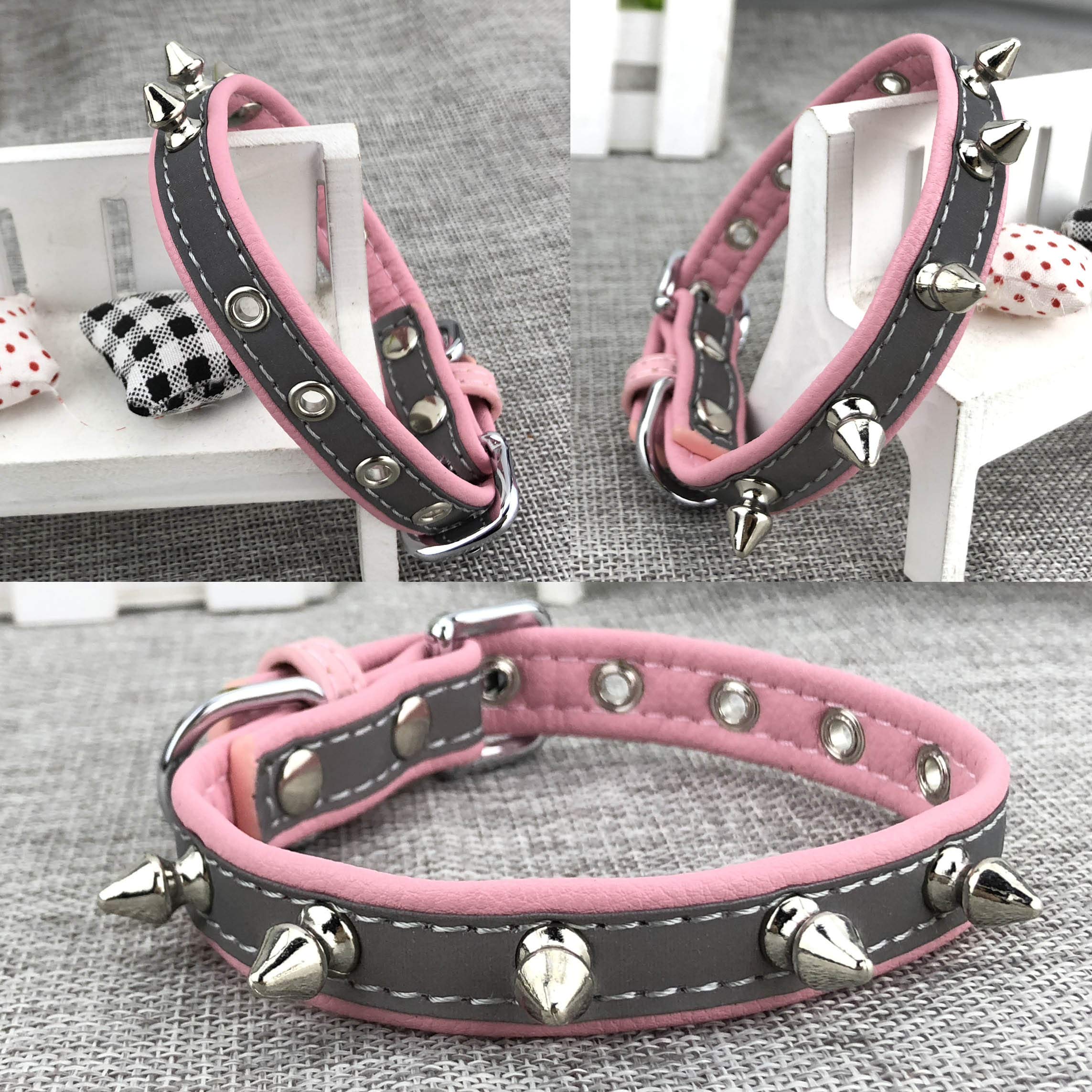 Newtensina Studded Dog Collar Reflective Puppy Collar for Small Dogs - Pink - M