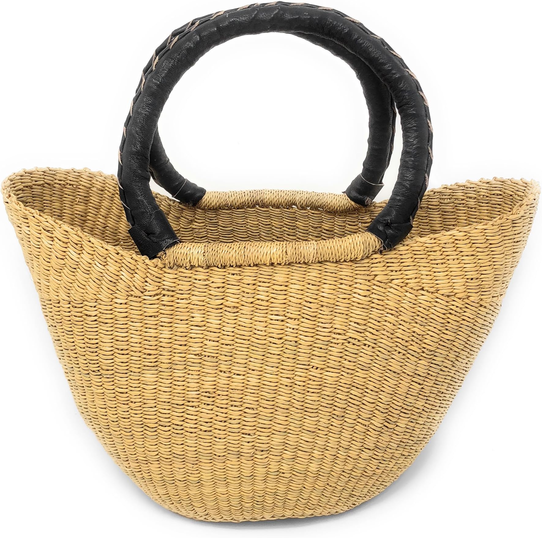 Bolga Handwoven Petite Wing Shopper Tote with Black Leather Handles