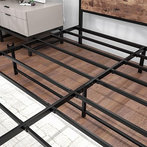 Miniatura 7 de BOFENG Marco de cama negro tamaño King con cabecera de madera, plataforma de metal industrial, tamaño King con almacenamiento, no necesita somier,