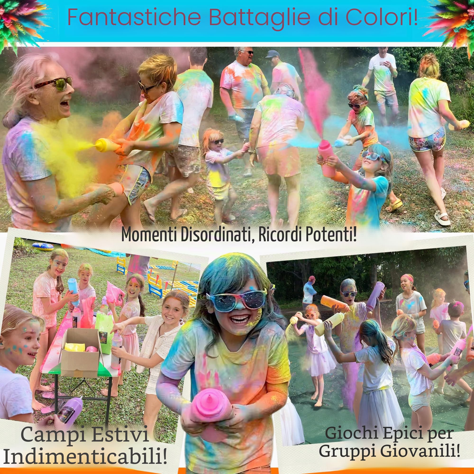 PARTY GOAT Color Run - Bottiglie di polvere da spremere, extra large, 963,9 g, polvere di Holi per guerre colorate, feste e campi estivi, 0,5 kg ciascuna, confezione da 6