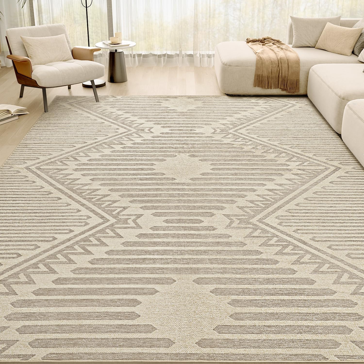 Photo 1 of Boho Beige 5x7 Area Rugs Textured Tufted Rugs for Living Room Bedroom Nursery Rug-Carpet Washable Brown Neutral Modern Aztec Rug