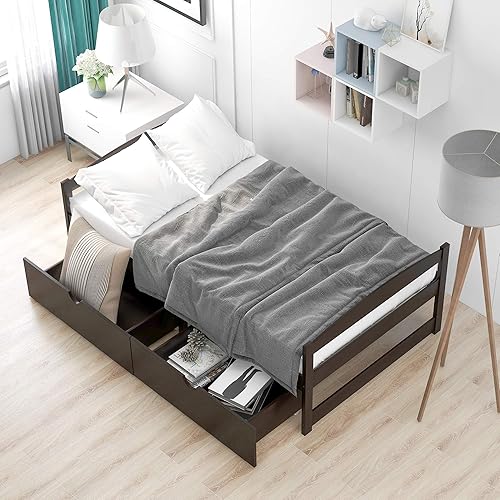 Harper &amp; Bright Designs Cama de plataforma de tamaño individual con dos cajones, marco de madera maciza para dormitorio y habitación de invitados,