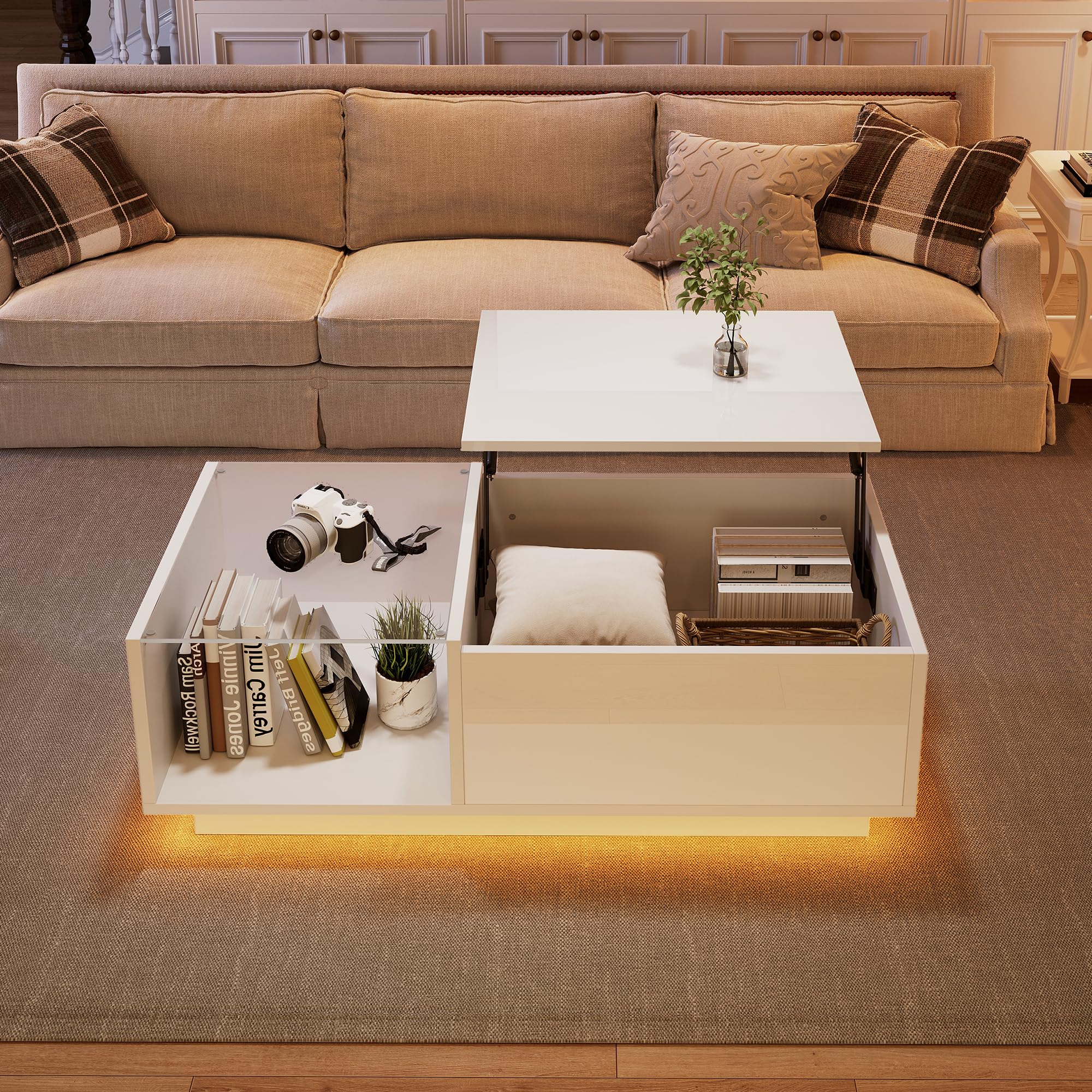 Merax Table basse de salon avec plateau réglable en hauteur, moderne table basse extensible avec LED, table de salon avec espace caché et vitrine en verre, table basse pour salon, bureau