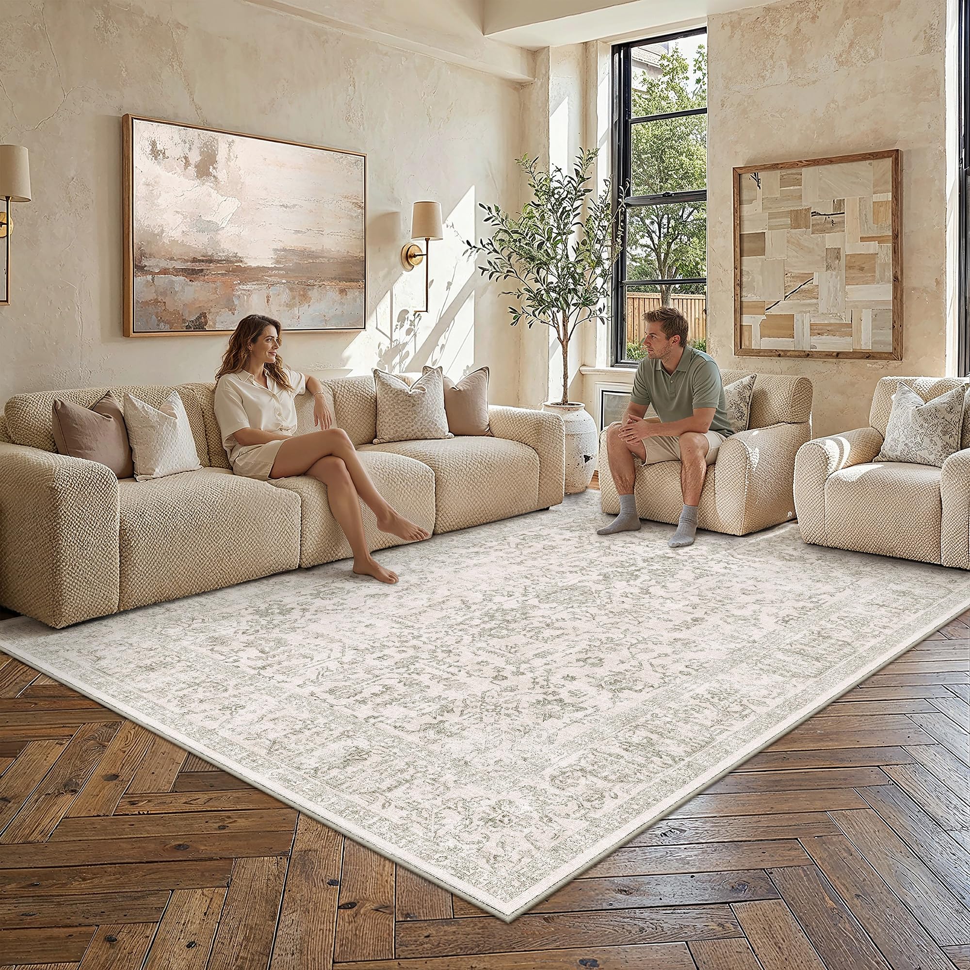 PureCozy Vintage Rugs Living Room Washable 160x230cm Beige Grey Carpet — image 1