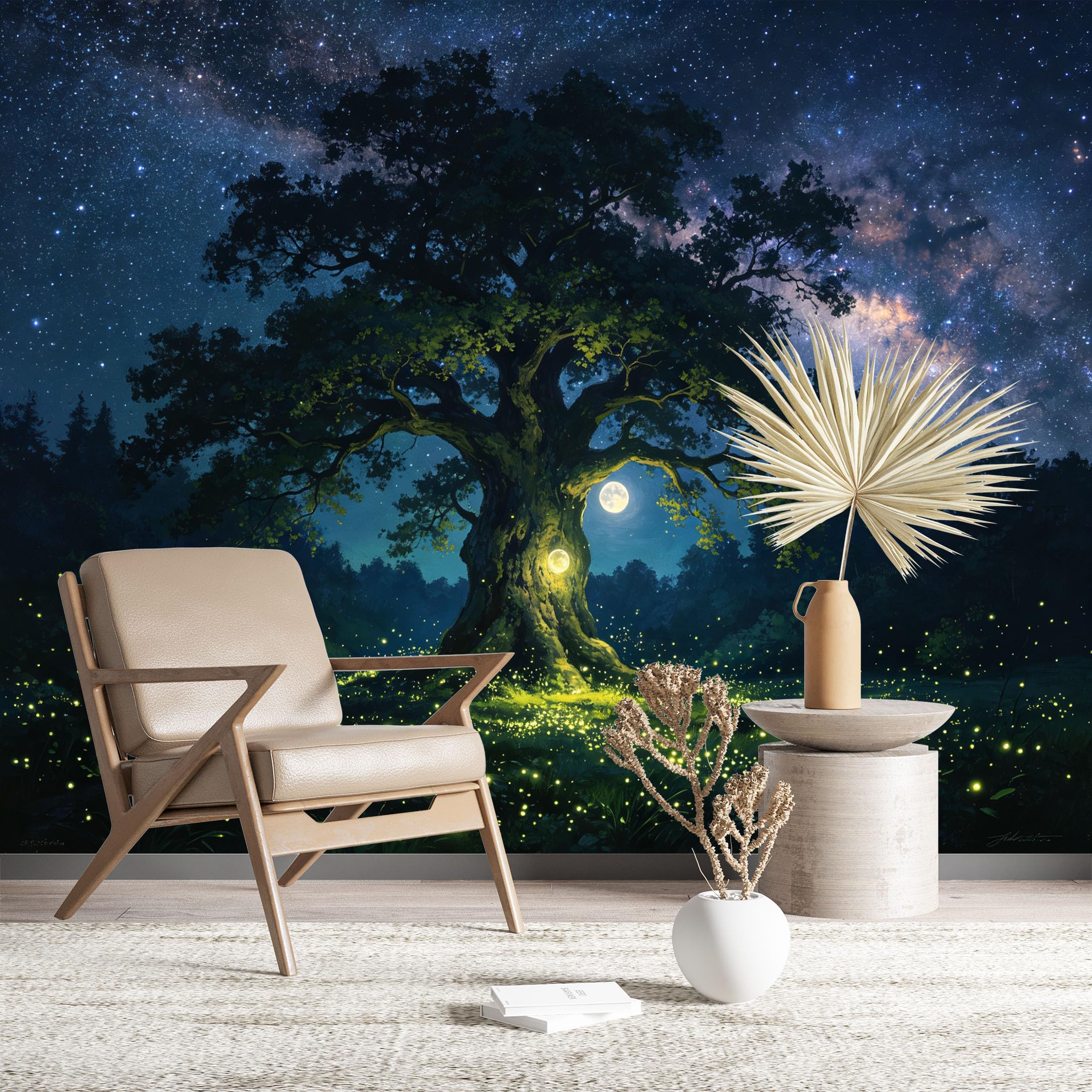 Custom Size Wall Murals Magical Tree Under Starry Sky Wall Murals Fantasy Wallpaper Full Wall Self-Adhesive Removable Wallpaper for Living Room Bedroom