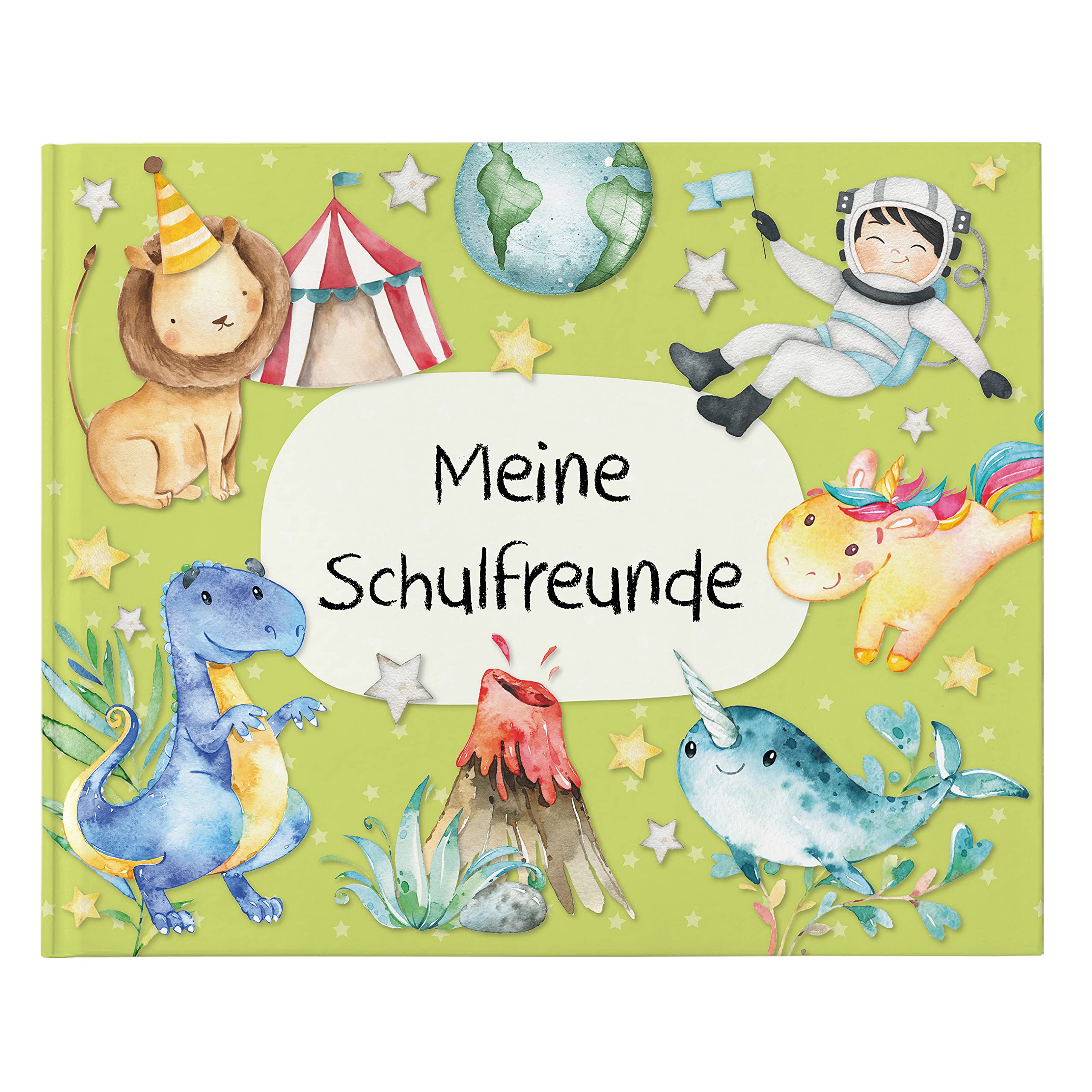 Papierdrachen High Quality Friendship Book for Children, School Friends, Green, Poetry Album with Dinos, Knights, Astronauts