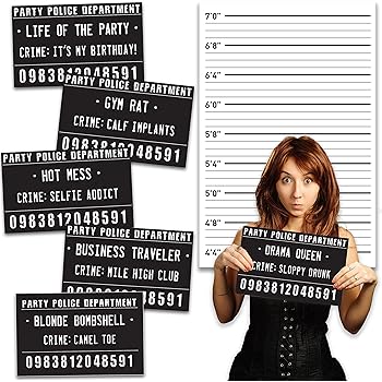funny mugshot sign photobooth selfie props for birthday parties bachelorette games event decoration idea birthday party with backdrop