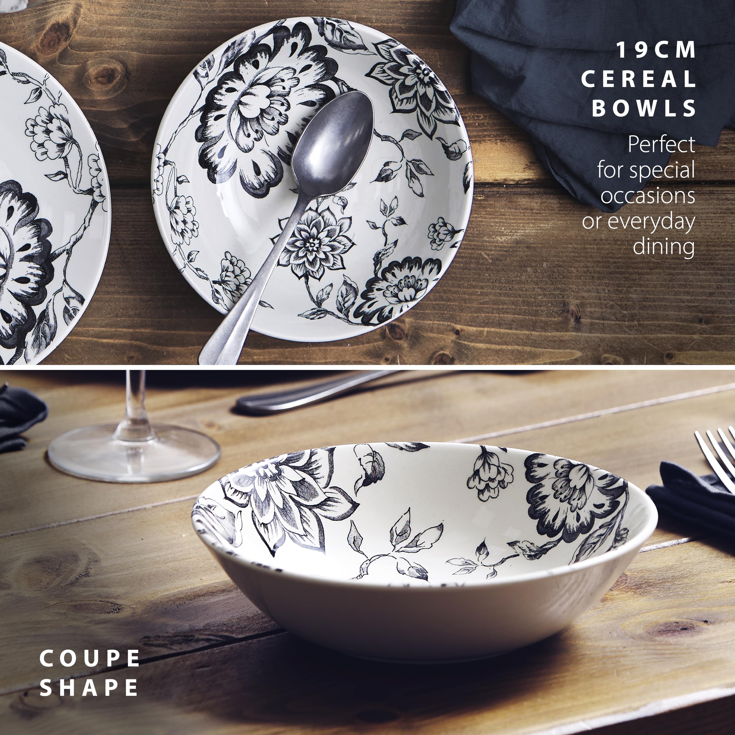Wade Botanical Night Set of 4 Cereal Bowls with Black Floral Design, Crafted from Earthenware, Made in Stoke-on-Trent, 19cm - Image 3