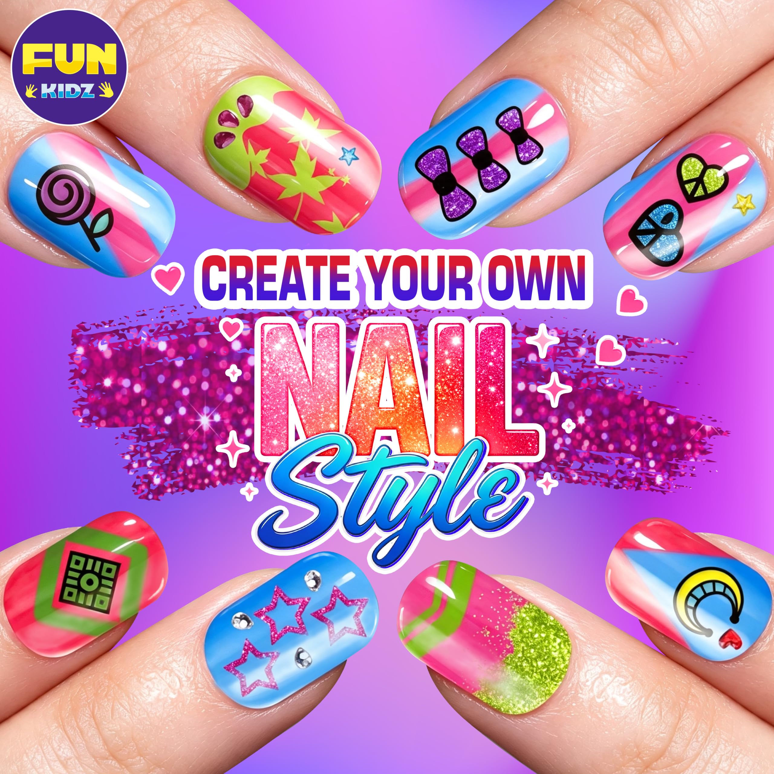 FunKidz - Juego de esmaltes de uñas para niños con 3 en 1 para esmaltes de uñas con purpurina y accesorios de decoración pegajosa