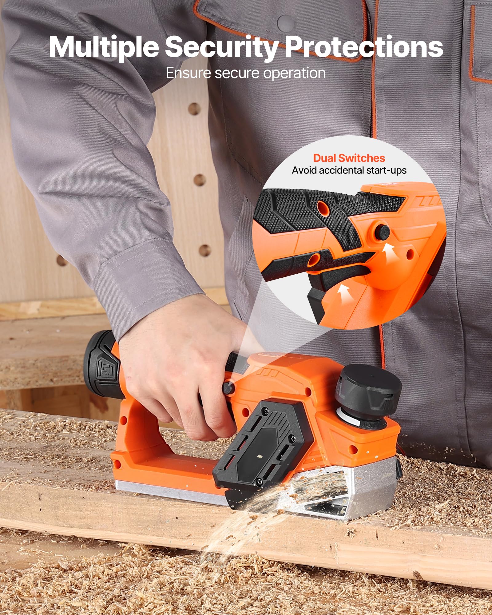 VEVOR Rabot Électrique sans Fil Largeur Coupe 56 mm Raboteuse à Bois à Main 14500 tr/min Batterie Lithium 2 Ah 12 V Moteur sans Balais Profondeur Coupe Réglable 2 Lames pour Travail Chanfreinage Bois