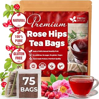 FreshDrinkUS, Premium 75 Rosehip Tea Bags, 100% Natural & Pure from Rose Hip Fruits. Loose Rosehip Herbal Tea. Made with Natural Material Tea Bags. No Sugar, No Caffeine, No Gluten, Vegan.