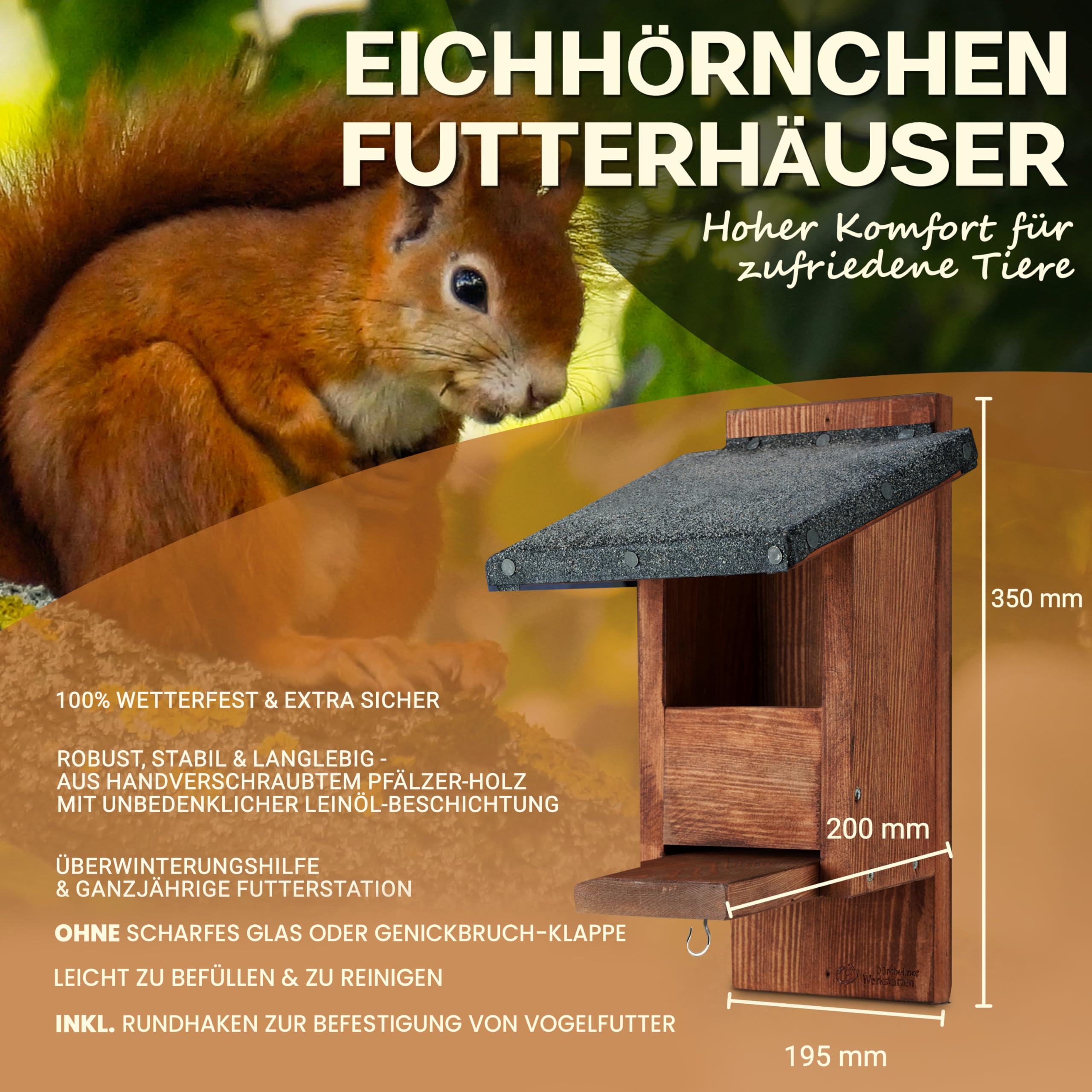 Massives Eichhörnchen Futterhaus wetterfest & robust aus pfälzer Qualitätsholz – ohne Genickbruchklappe – Überwinterung – Handarbeit in der Lebenshilfe Made in Germany – nachhaltiges Geschenk