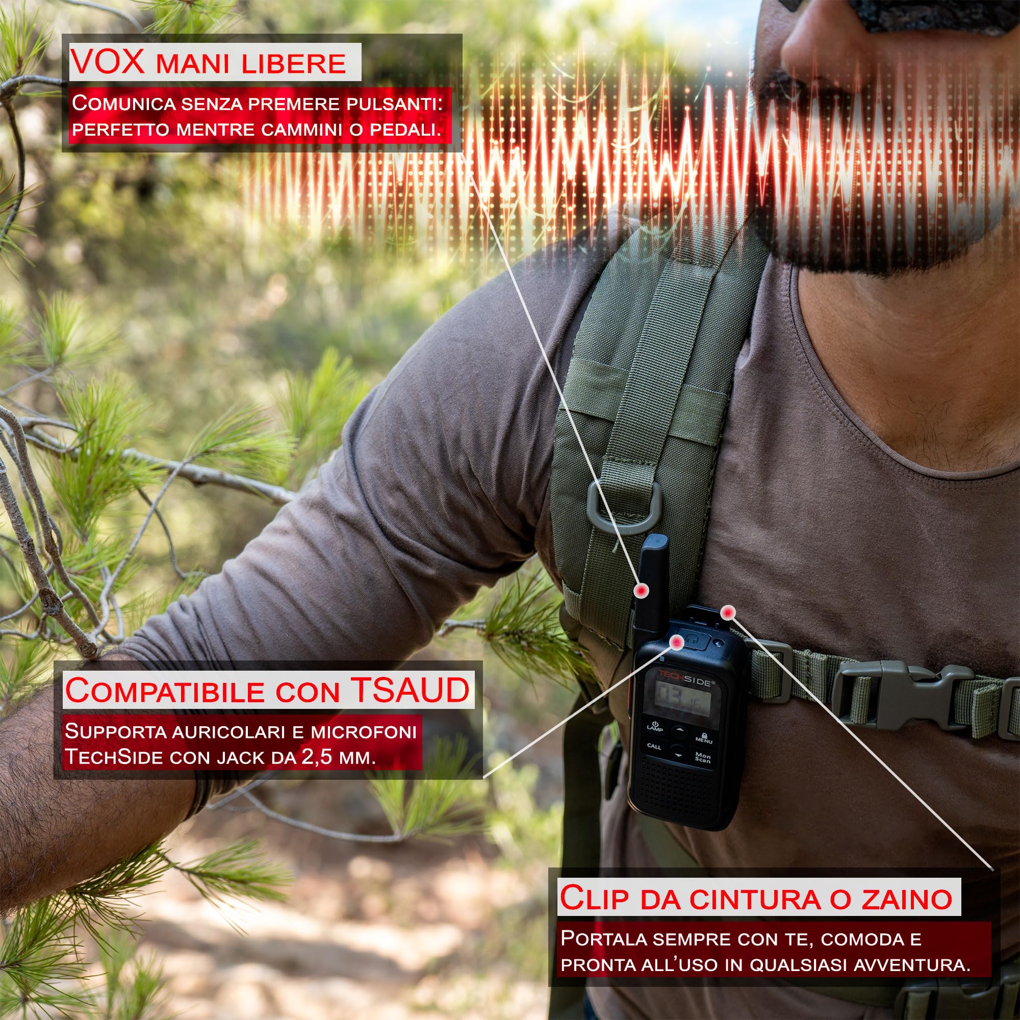 TechSide TS-T3 Go Ricetrasmittente PMR446 16 Canali 10 km USB-C Torcia LED 2 Pezzi