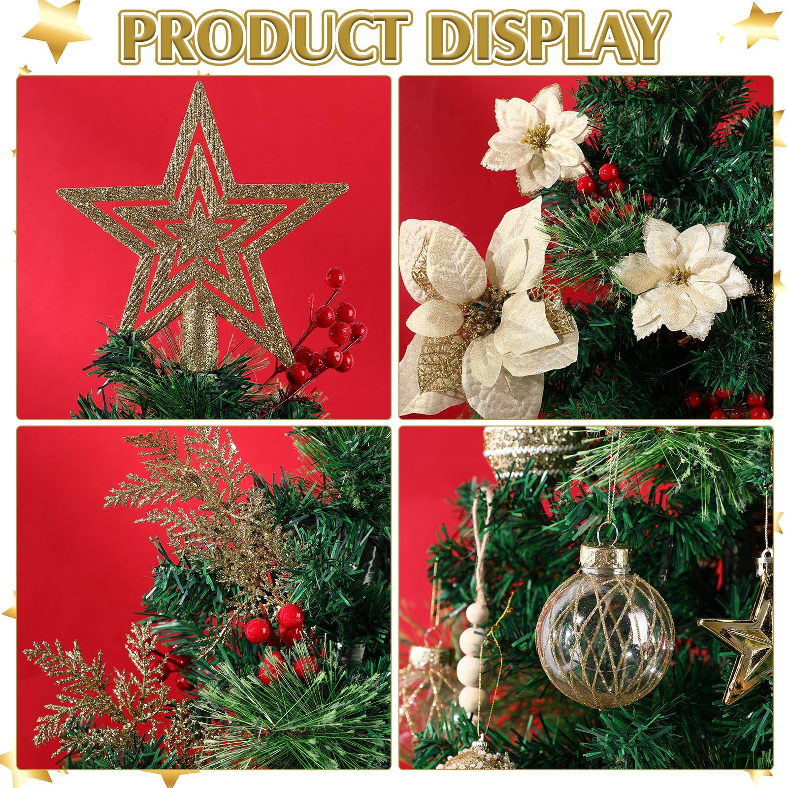 Jenaai Set di 89 ornamenti dorati per albero di Natale, stile bohémien, decorazioni natalizie, include palline per albero di Natale, stelle di Natale glitterate, perline di legno, nastro, aghi di