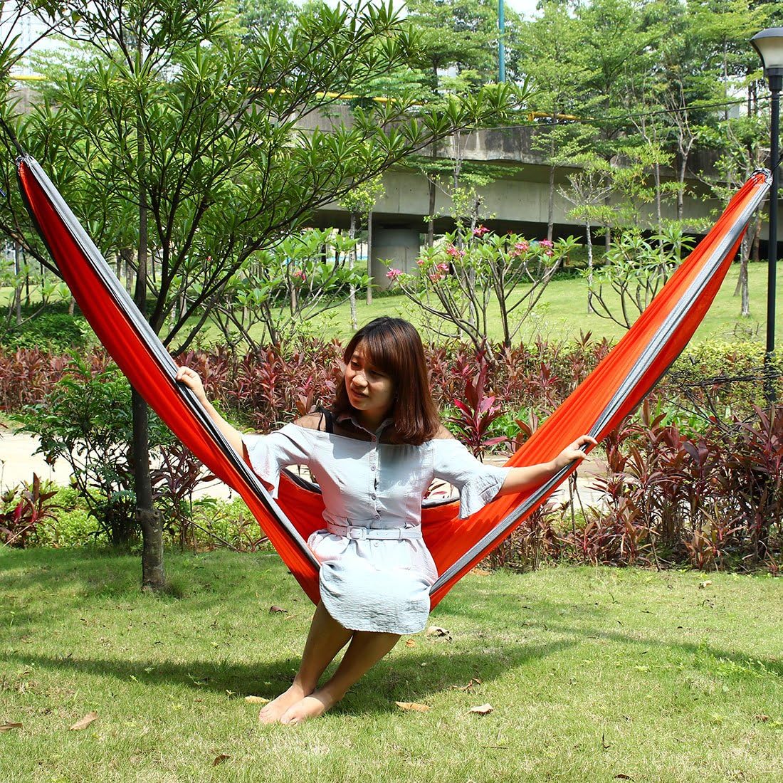 Travel Beach, Yard Household, Courtyard Nylon, Double Nest Swing, Sleeping Bed, Lightweight, Parachute Portable Hanging, Hammock with, Carabiners Gray Red (id: a78 339 167 c98 6b7