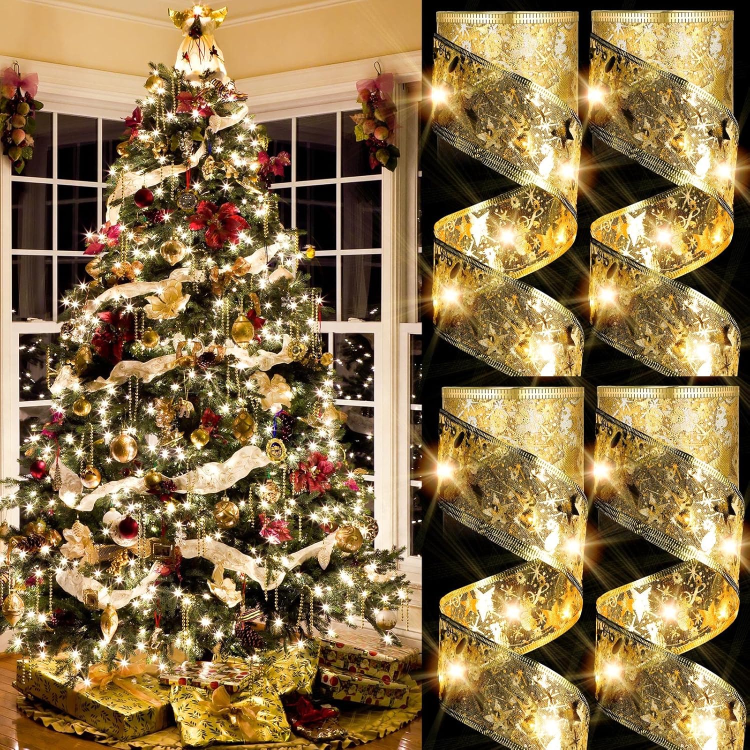 4 Pcs 65.62 ft Christmas Ribbon Fairy Lights Gold Christmas