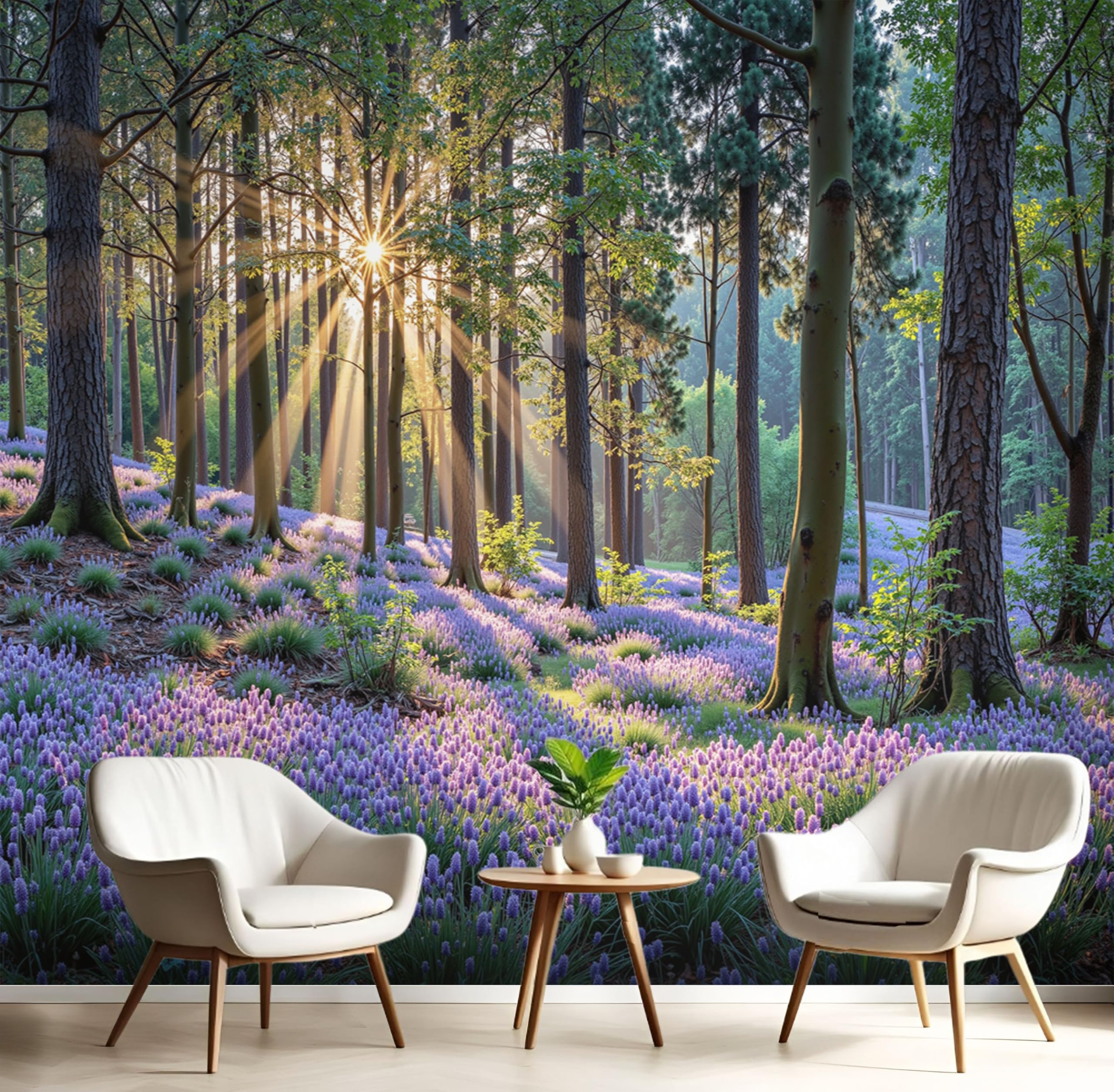 Papier peint panoramique 3D forêt à effet de lumière naturelle en 450x315cm