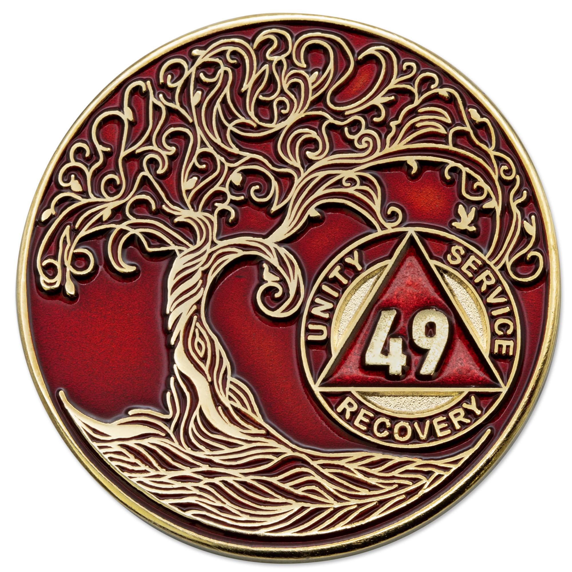 1 to 50 Year Twisted Tree of Life Sobriety Coin - Gold Plated AA Chips &amp; Medallions - 49 Year Sobriety Coin - Red
