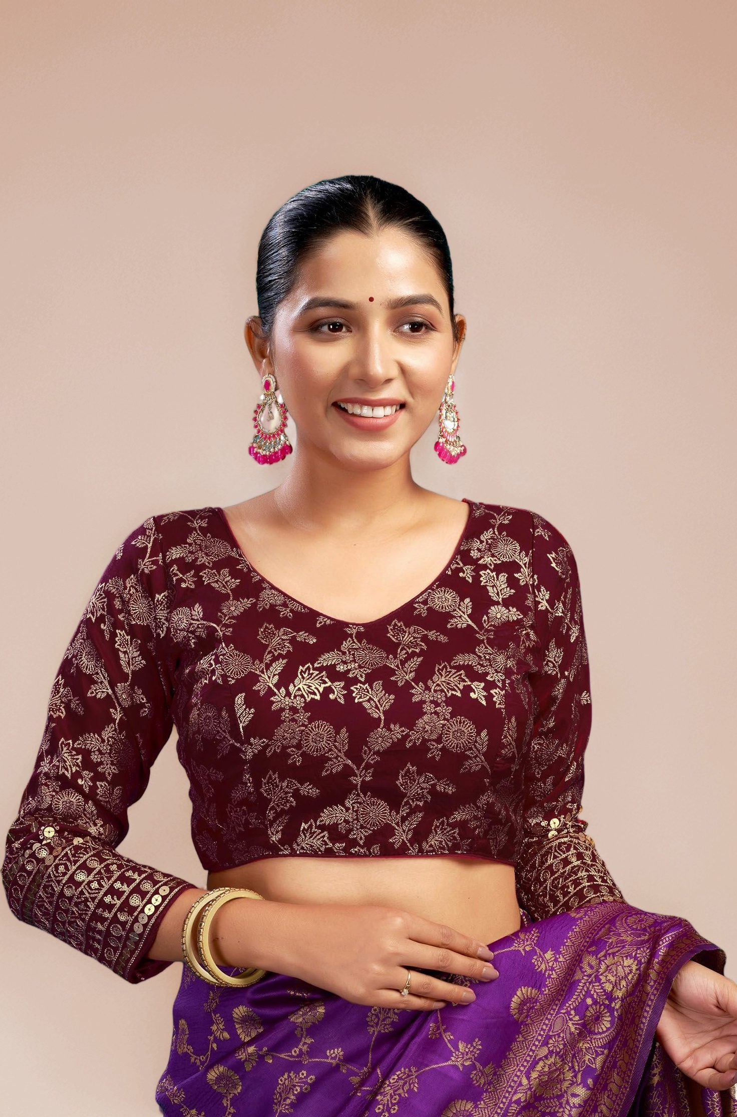 SIRIL Readymade Saree Blouse for Women | Silk Blend Sequence Embroidery 3/4 Sleeve Blouse | Stitched Padded Blouse