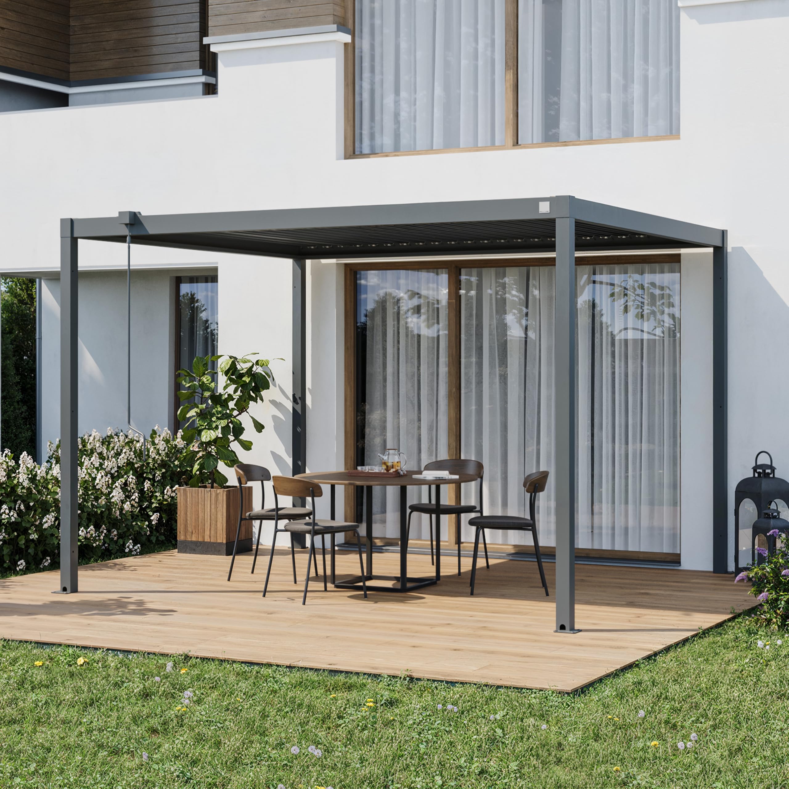 PRIMEYARD Pergola bioclimatique 3x3,5 m Poteaux et Toit à Lames en Acier - Anthracite