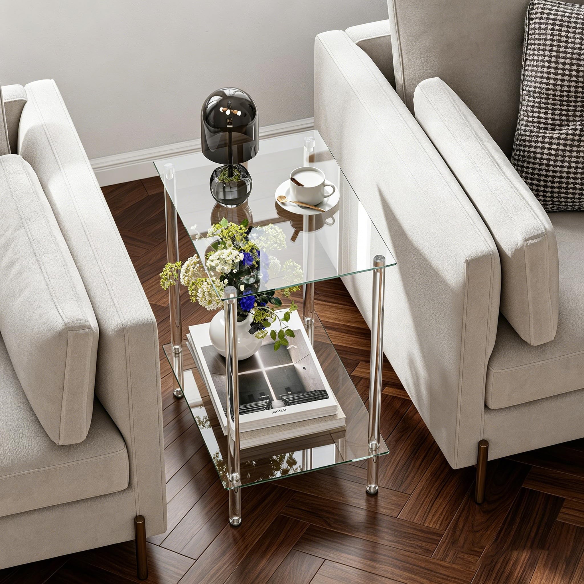 Table d'appoint en Verre Bout de Canape Transparente Petite Table Basse à 2 Niveaux Bouts de Canapé de Salon Tendance Convient pour Les Salons Les Chambres à Coucher et Les Bureaux LET518TR