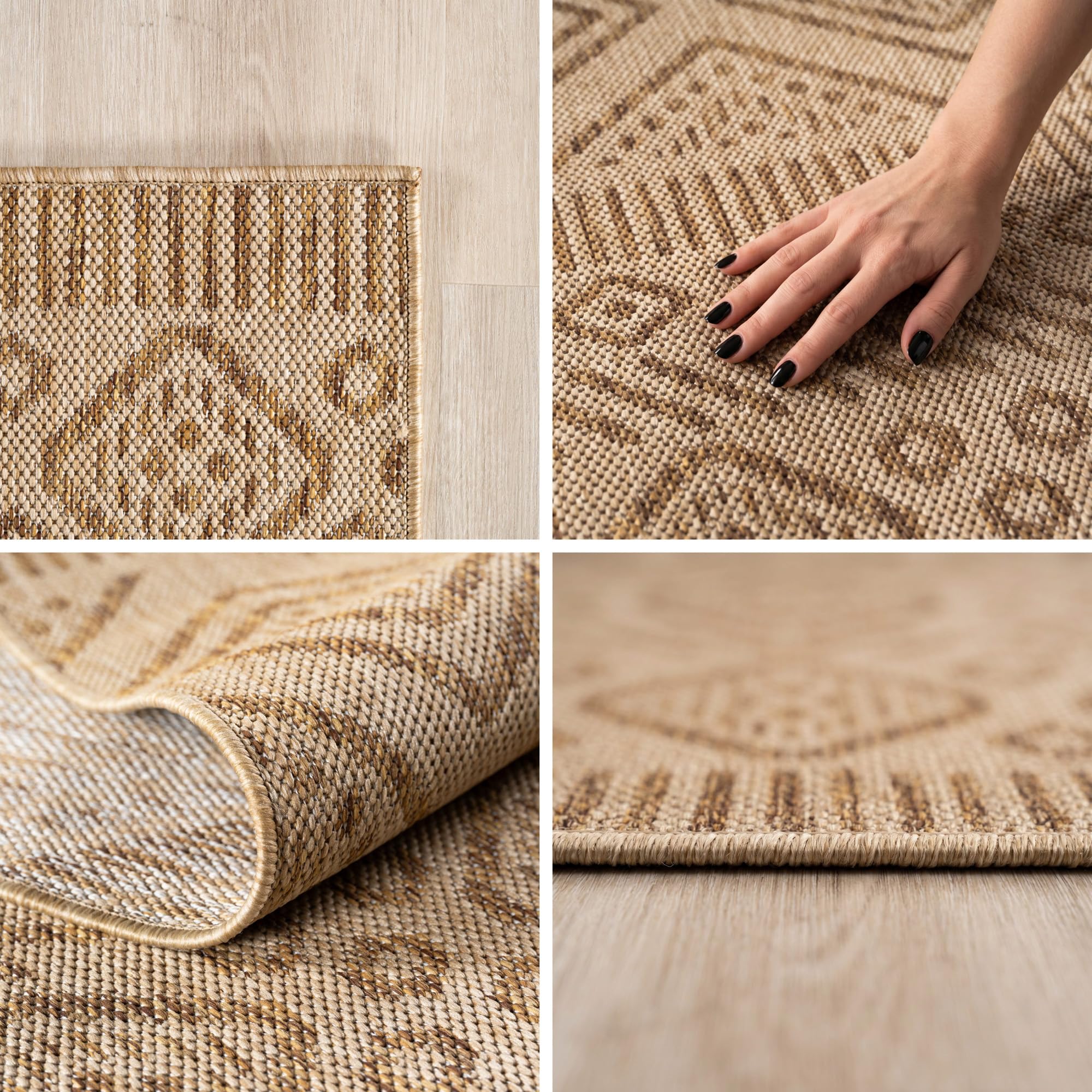 SIMPEX Tapis Extérieur Beige Effet Jute Rond 200 cm Balcon Terrasse Jardin Résistant UV Grand XL Motif Losanges Tissage Plat