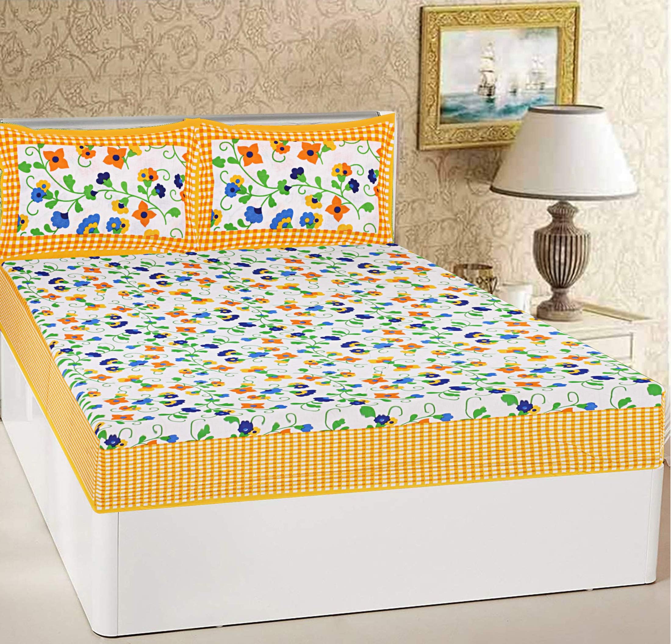 RajasthaniKart® Comfort Rajasthani Jaipuri Traditional Sanganeri Print 144 TC Cotton Double Bedsheet with 2 Pillow Covers - King