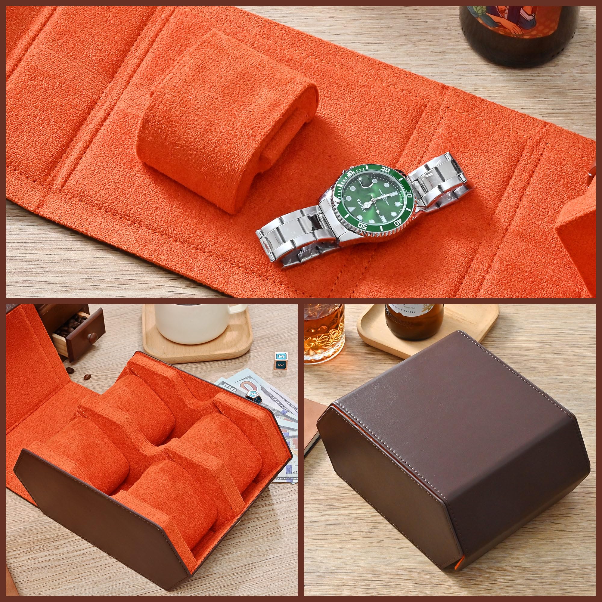 Flyroom Watch Roll Travel Case for 4 Watchs Storage and Organizer-Secure Storage with Innovative Slide Pillows & Solid Dividers for Home Storage, Protect and Display