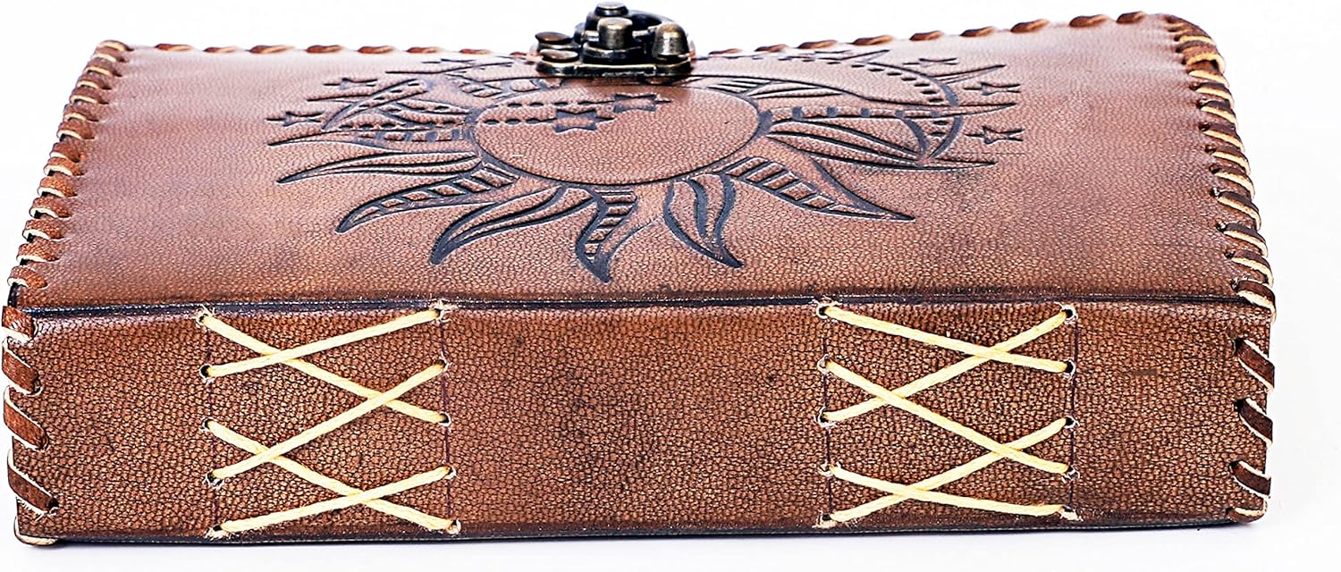 Sun & Moon Emboss Journal, 220 Deckle Edge Handmade Pages Journal, Vintage Journal, Sun Moon Journal, Leather Sketchbook, Leather Notebook (7 x 5 Inch, Vintage Brown - Deckle Edge Paper)
