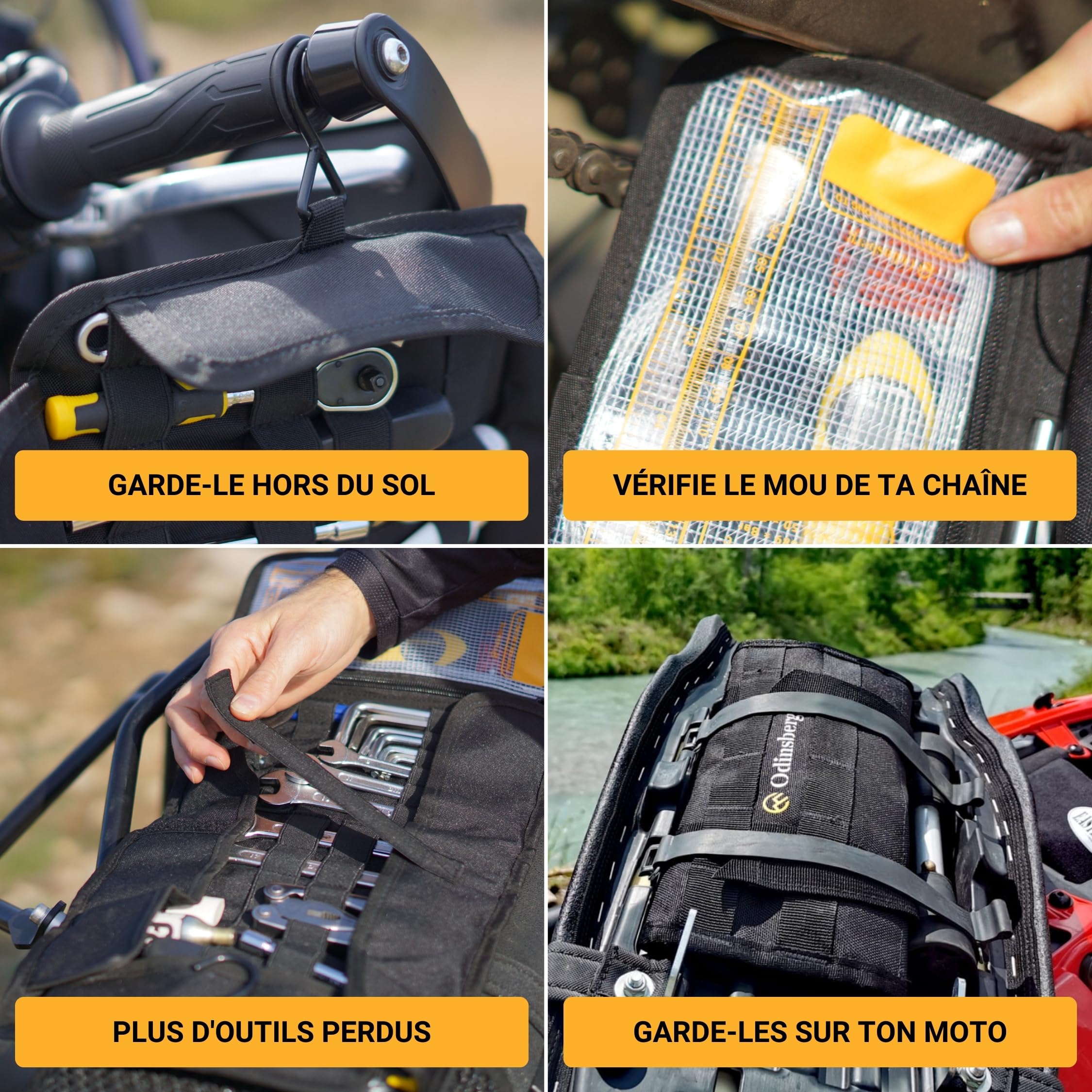 Odinsberg Sac à Outils Moto Enroulable - Outils NON inclus - Sacoche avec 56 élastiques, poche, système MOLLE et double fermeture pour protéger et organiser la trousse à outils