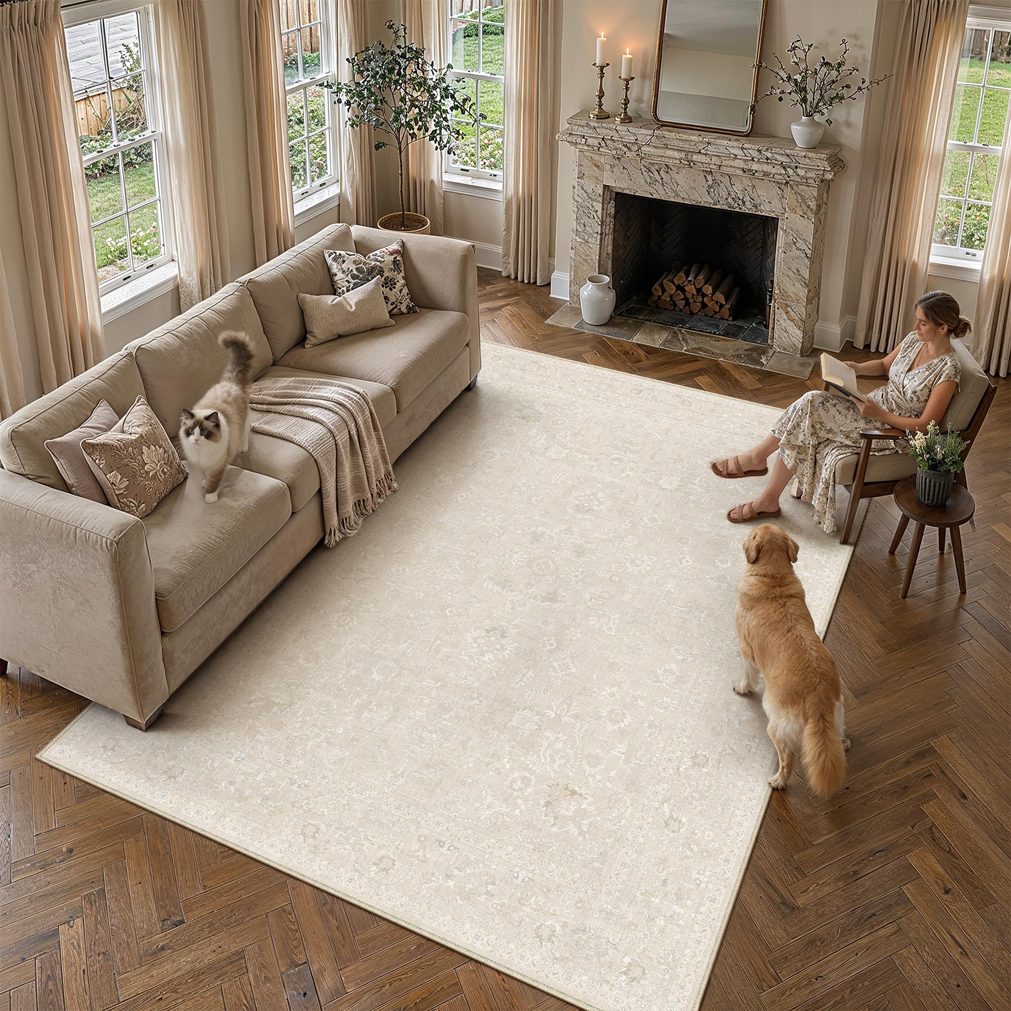 PureCozy 8x10 Beige Area Rug Washable Non Slip Large Vintage Living Room