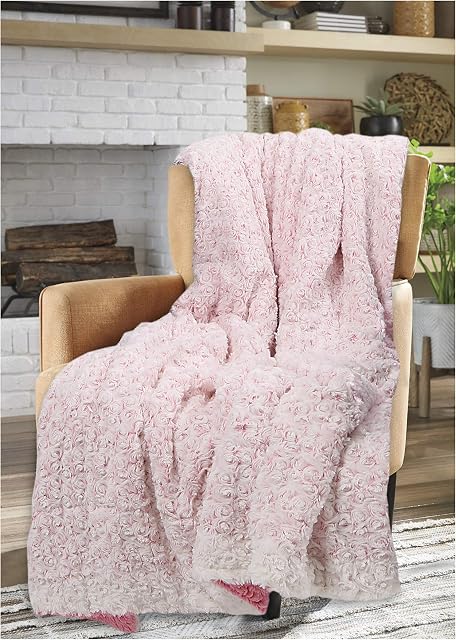 E4Emporium Soft & Cosy Rosette Throw Blanket - Faux Fur Throw sherpa Fleece Blanket for Bed, Sofa and Couch, 130 x 150 cm (Pink)