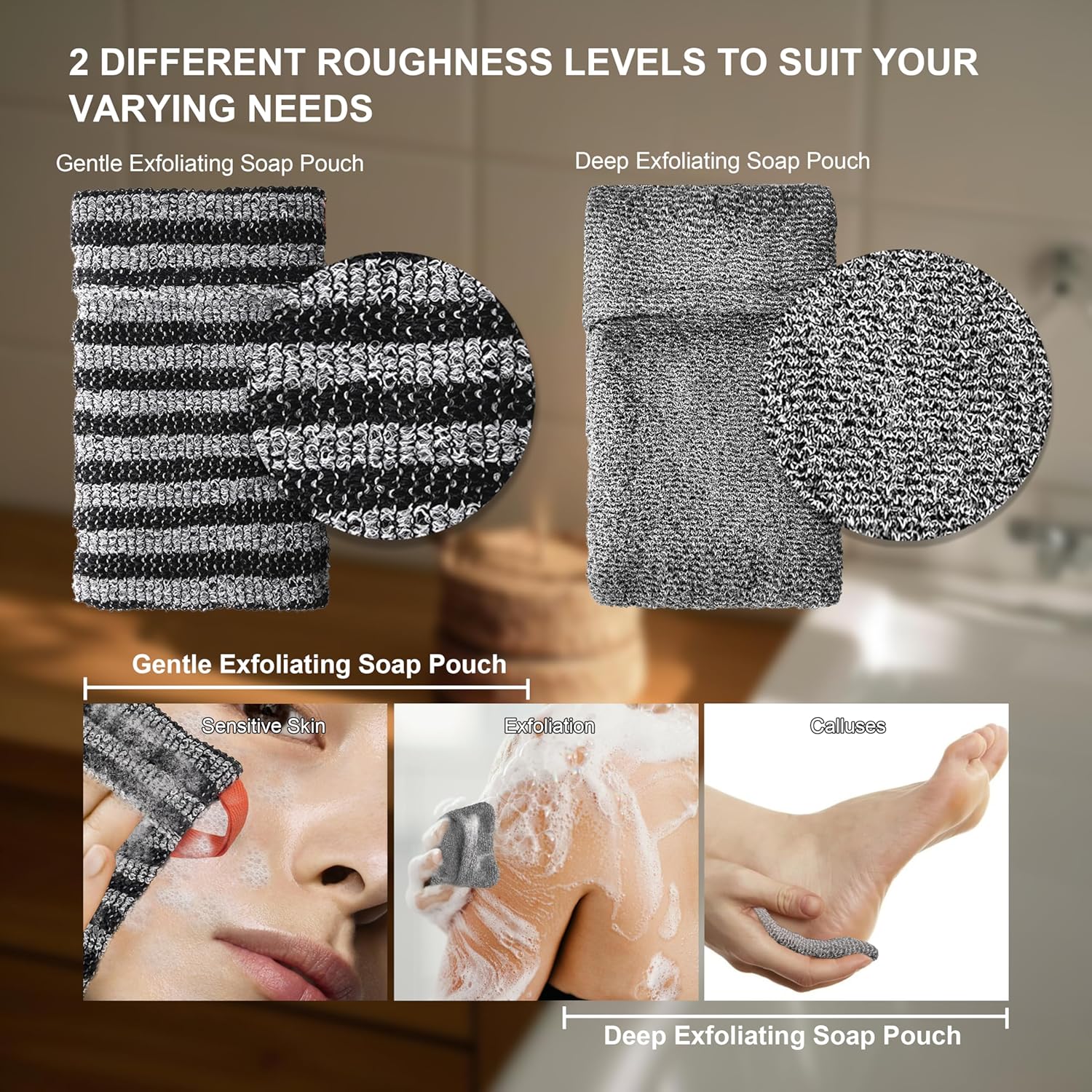 2 Pack Soap Bag Deep and Gentle Exfoliating,Bar Soap Pouch Saver Pocket, Body Scrubber Shower Bath Sponge Loofah (Grey) - Image 3