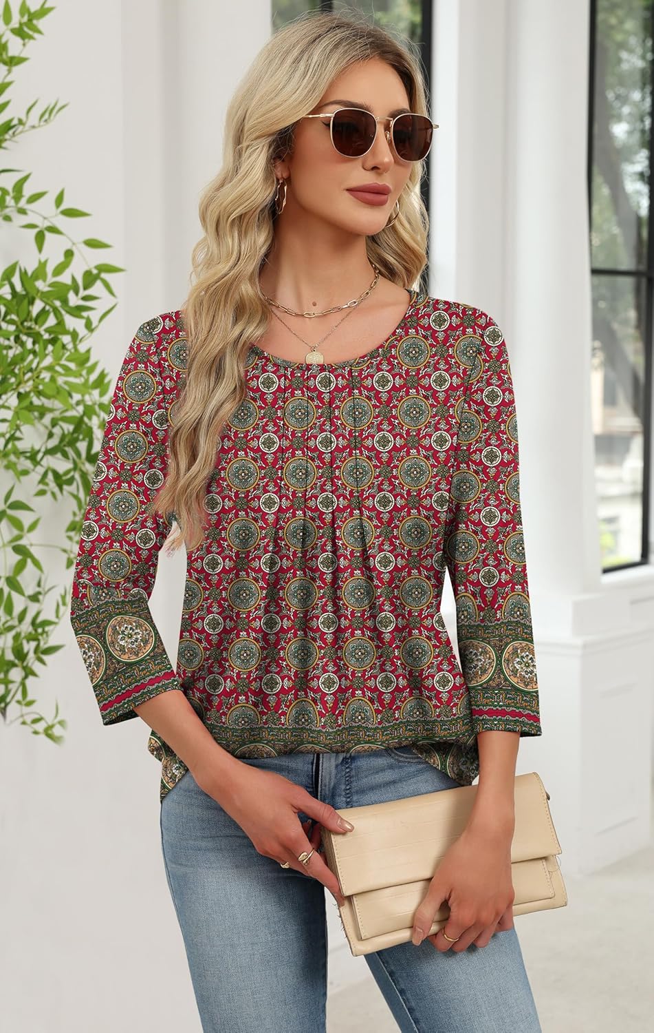 OFEEFAN 3/4 Length Sleeve Womens Tops Dressy Casual Women's Clothing Spring Outfits for Women 2026 Beach Vacation Clothes - Image 2