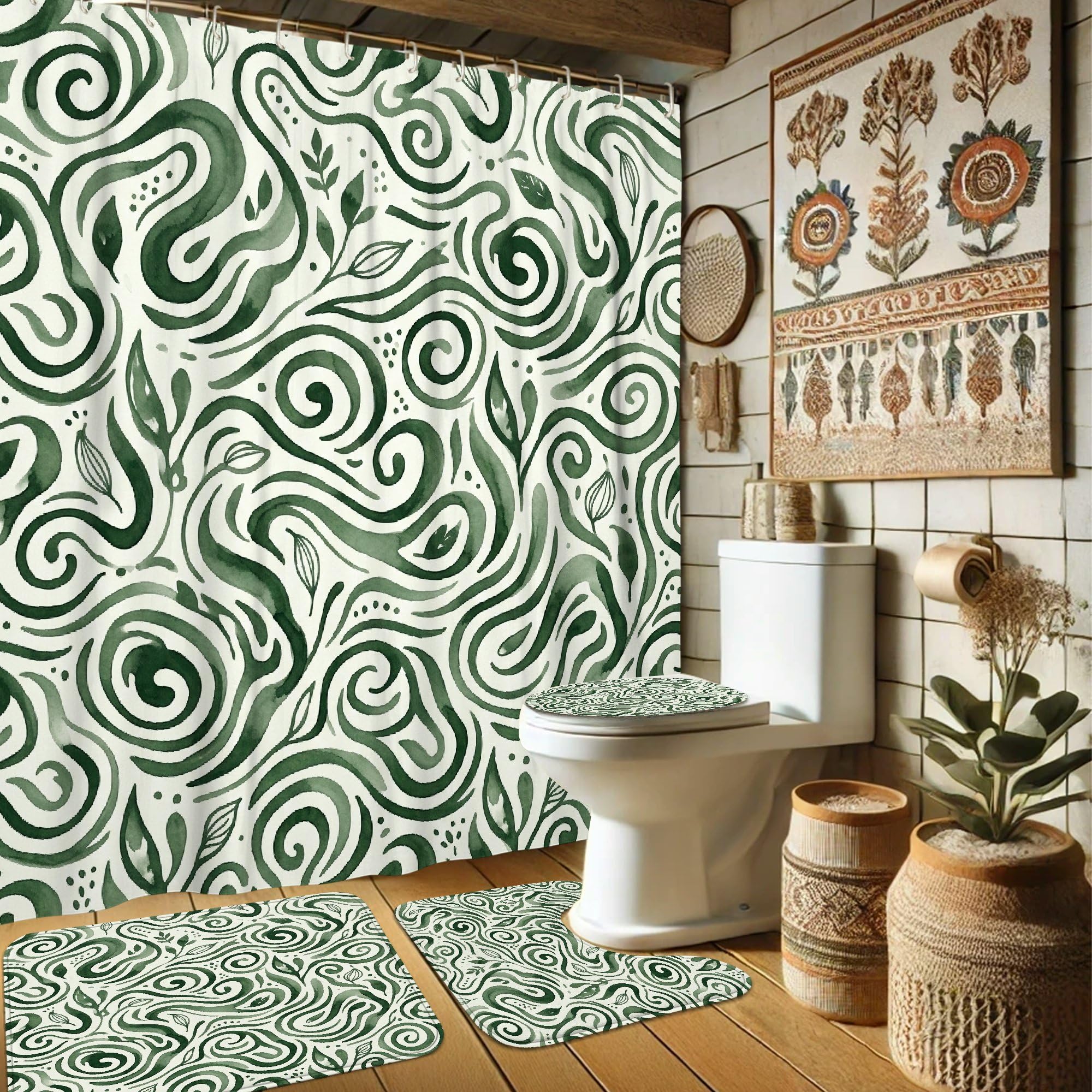 Ensemble rideau de douche 183x183 cm imperméable et tapis salle de bain