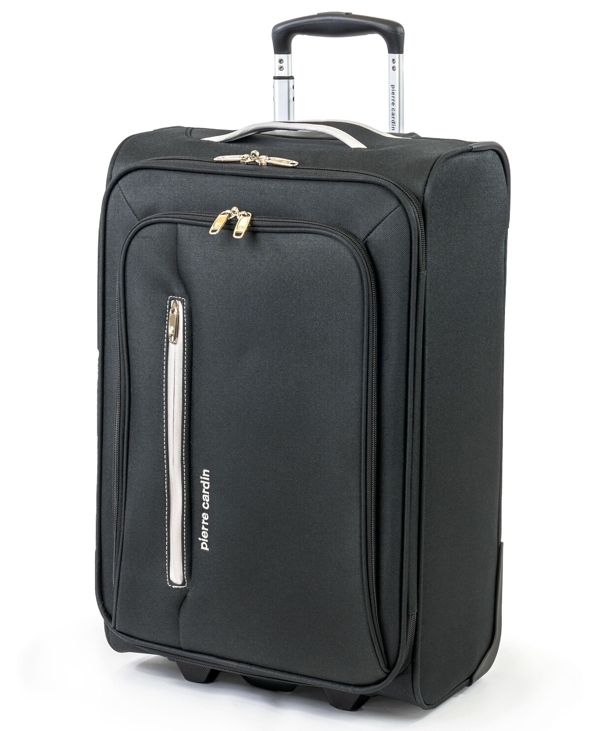 Pierre CardinSoft Shell 22 Inch Suitcase with Wheels - Cabin Approved Jet2 EasyJet BA Luggage British Airways Fits 56x45x25 Hand Carry On | 22" 45 litres Light 2.3kg (Small, Black & Grey)