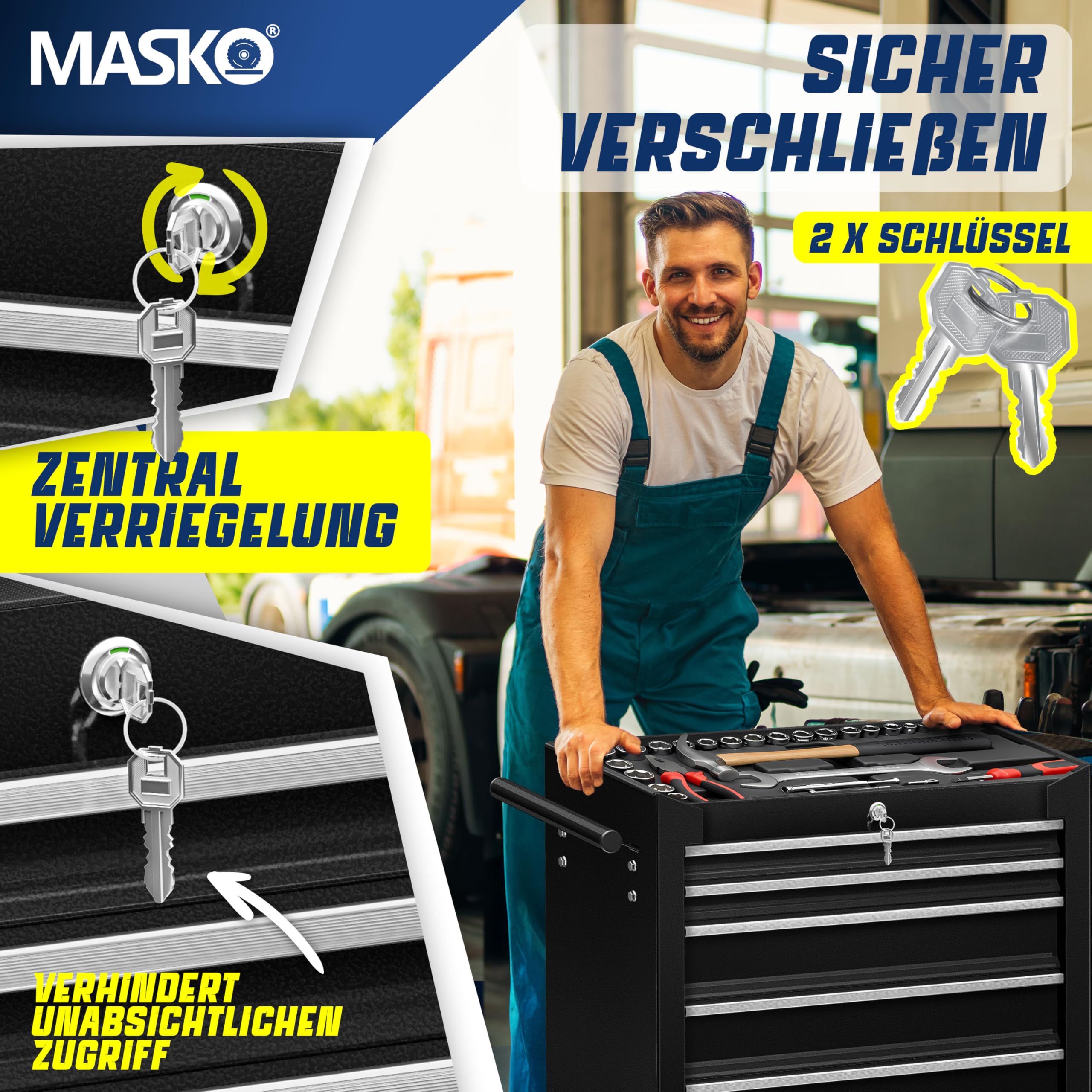 MASKO® carro de taller – 7 cajones, color negro, con cerradura, metal macizo, móvil sin herramientas, profesional de taller sin equipamiento, carrito con ruedas
