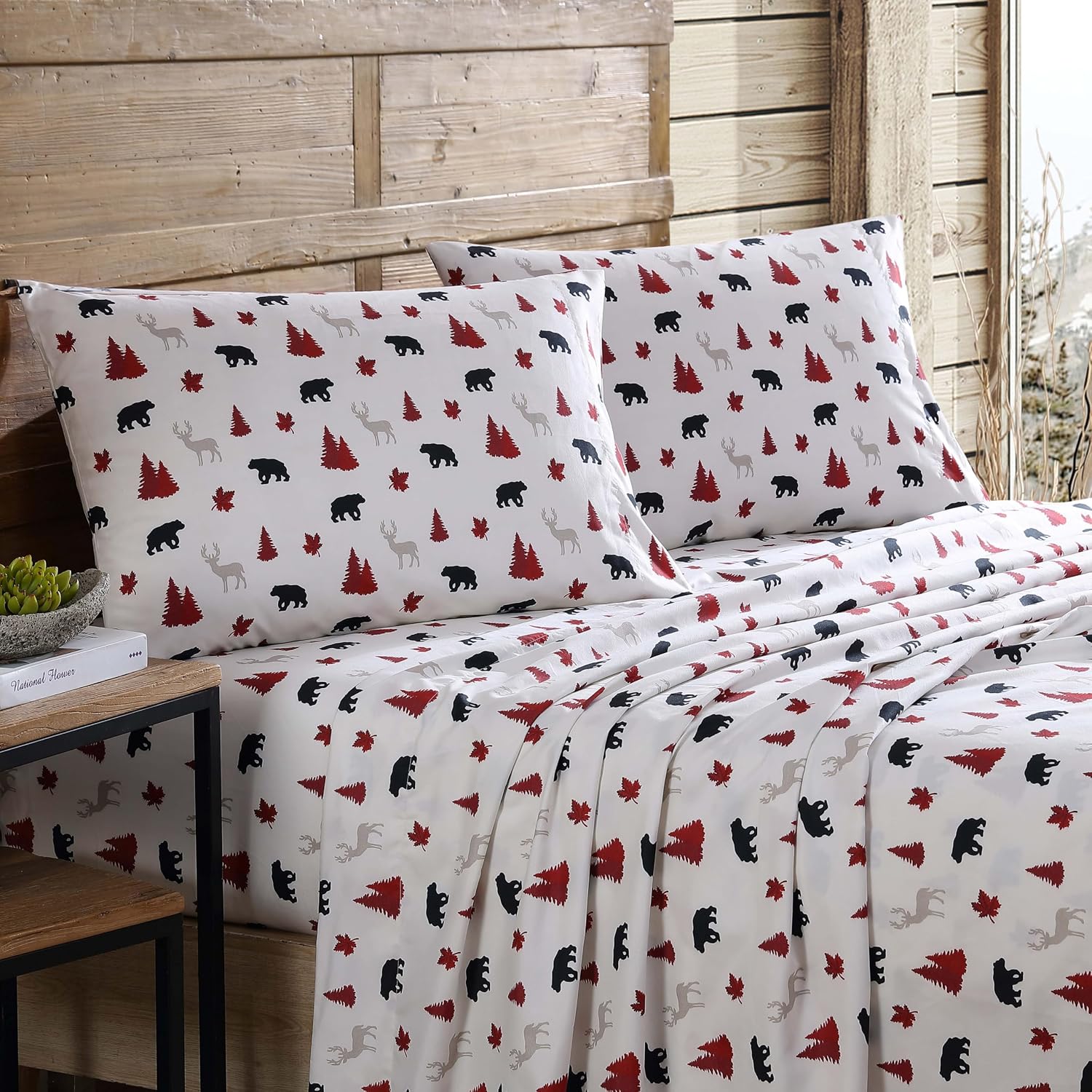 Beatrice Home Fashions Cozy Cabin 4-Piece Full Microfiber Bedding Sheet Set with Deep Pockets Rustic Patchwork Plaid Deer, Red/Black