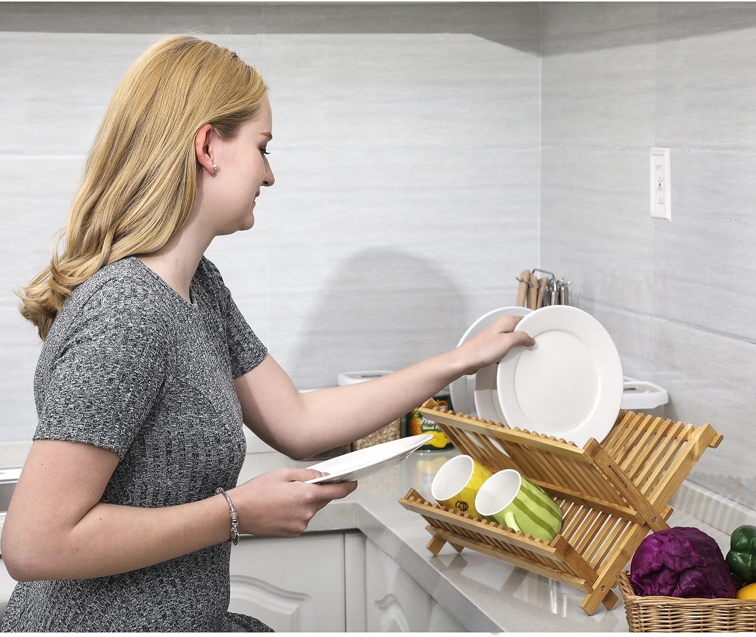 SONGMICS 100% Bamboo Dish Rack Plate,Dish Drying Rack, Collapsible Compact Dish Drainer,18 Slot Collapsible 2-Tier Dish Cup Holder, Folding Utensil Drainer for Kitchen Restaurant UKAB901