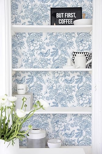 Miniatura 2 de Safiyya Papel tapiz floral para despegar y pegar, papel de contacto azul y blanco, papel tapiz bohemio para dormitorio, papel de pared de peonía