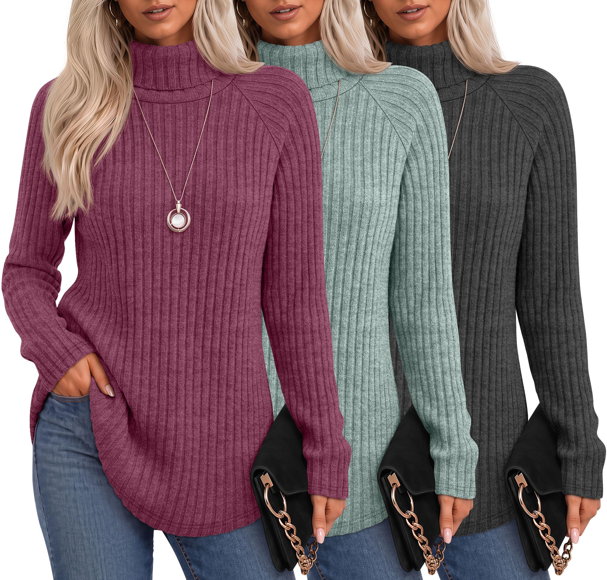 3 Pack Womens Turtleneck Sweaters Ribbed Knit Shirts