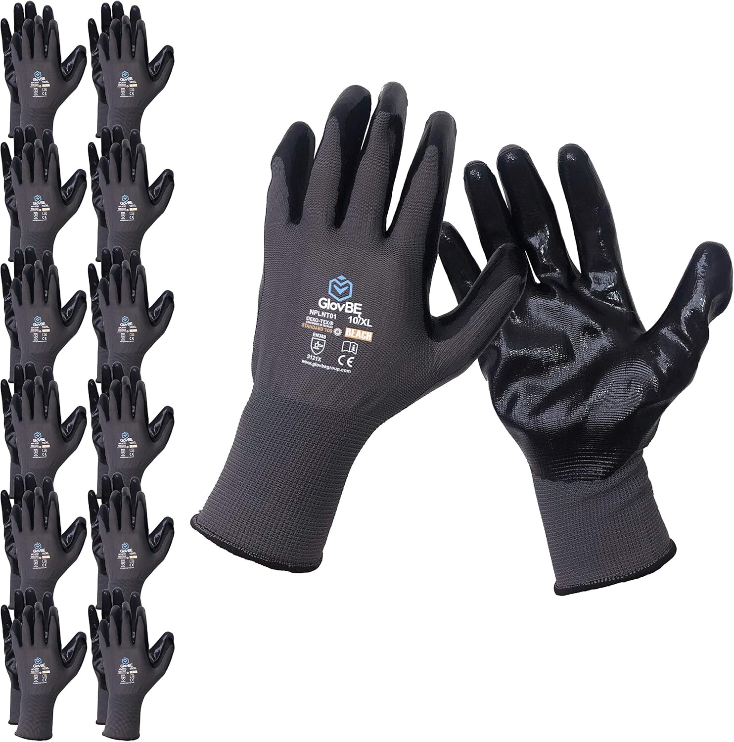 12 Pairs Mechanic Work Gloves, Oil & Gas Resistant Nitrile Coating, Grey (Medium)