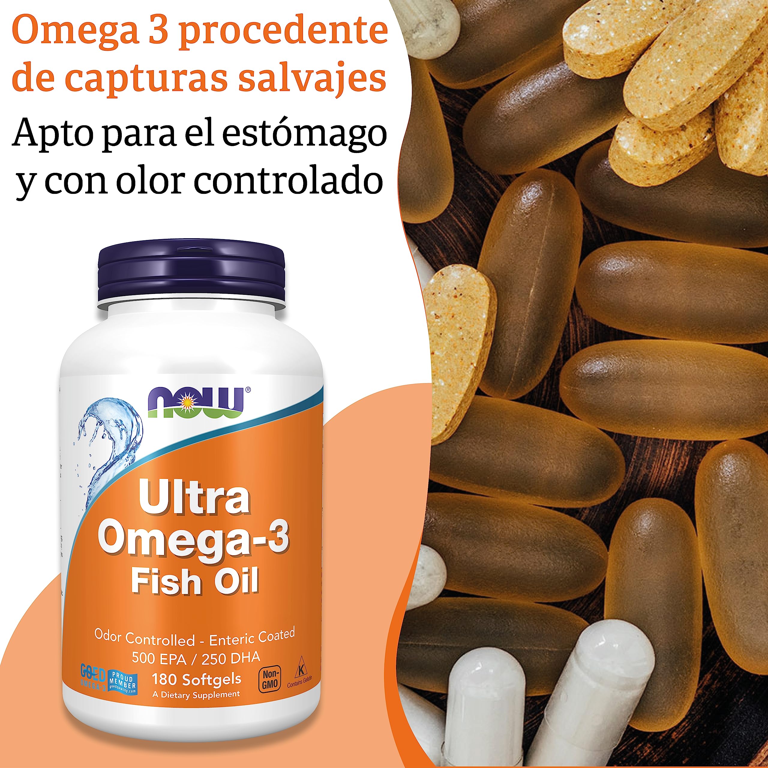 Now Foods, Ultra Omega-3, 500 EPA / 250 DHA, 180 Cápsulas blandas, Probado en Laboratorio, Aceite de Pescado, Sin Gluten, No GMO