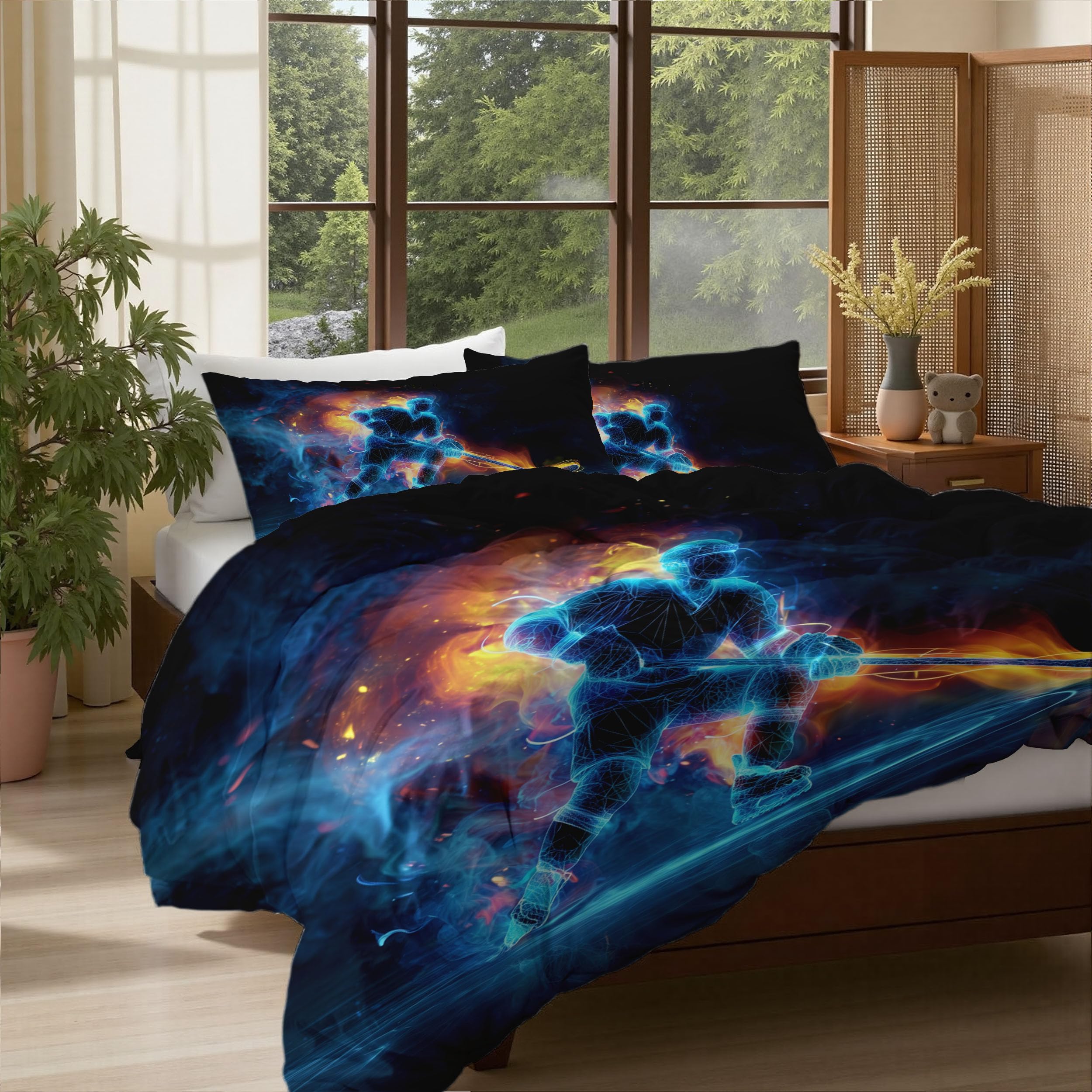 Housse de couette 200x200 hockey sur glace orange bleu flammes microfibre